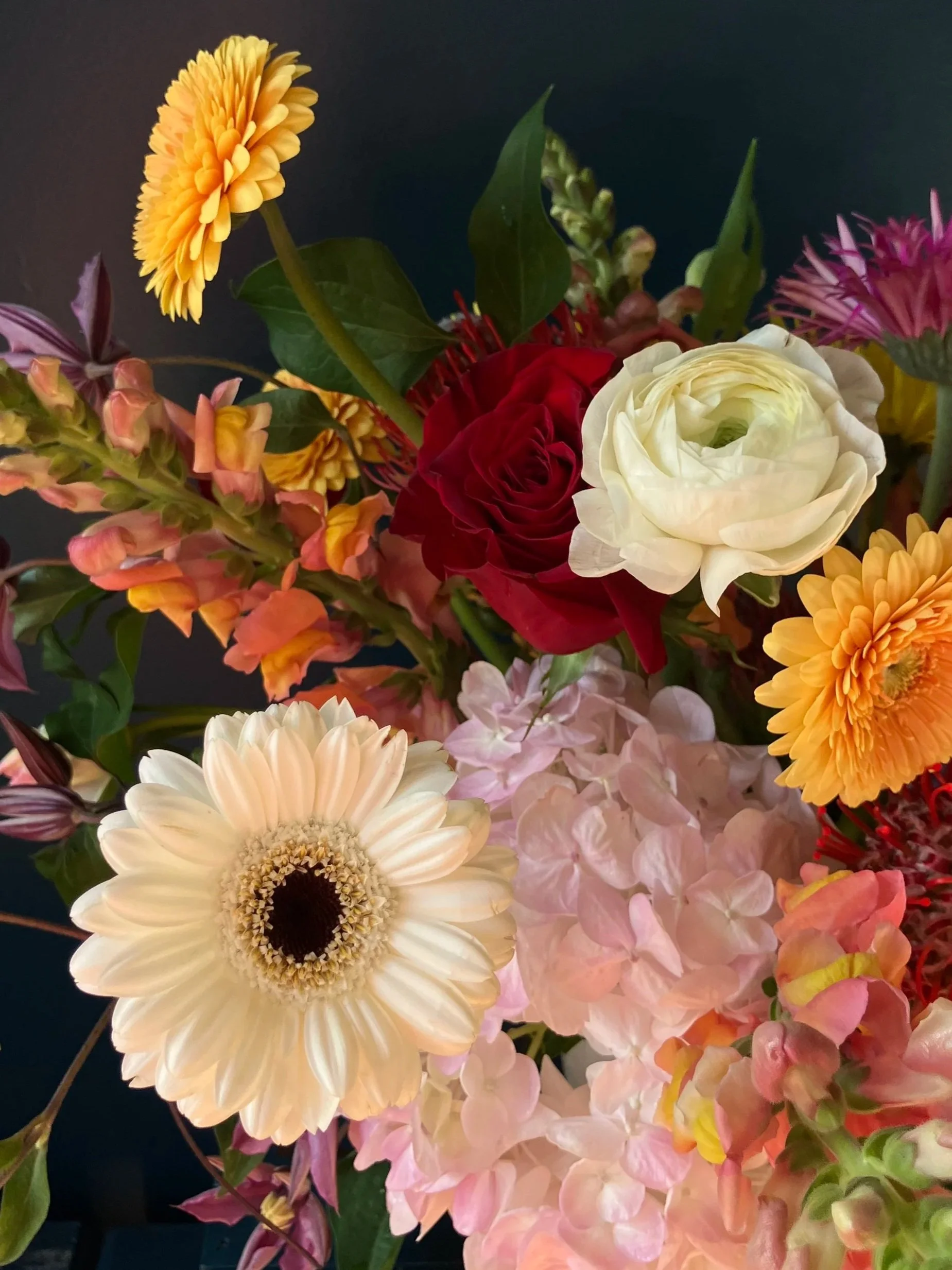 Close up of Frida Kahlo arrangement showing pink hydrangea, daisy, roses, and snapdragon with tulips, highlighting texture, color, and design-forward floral artistry by a Portland OR florist
