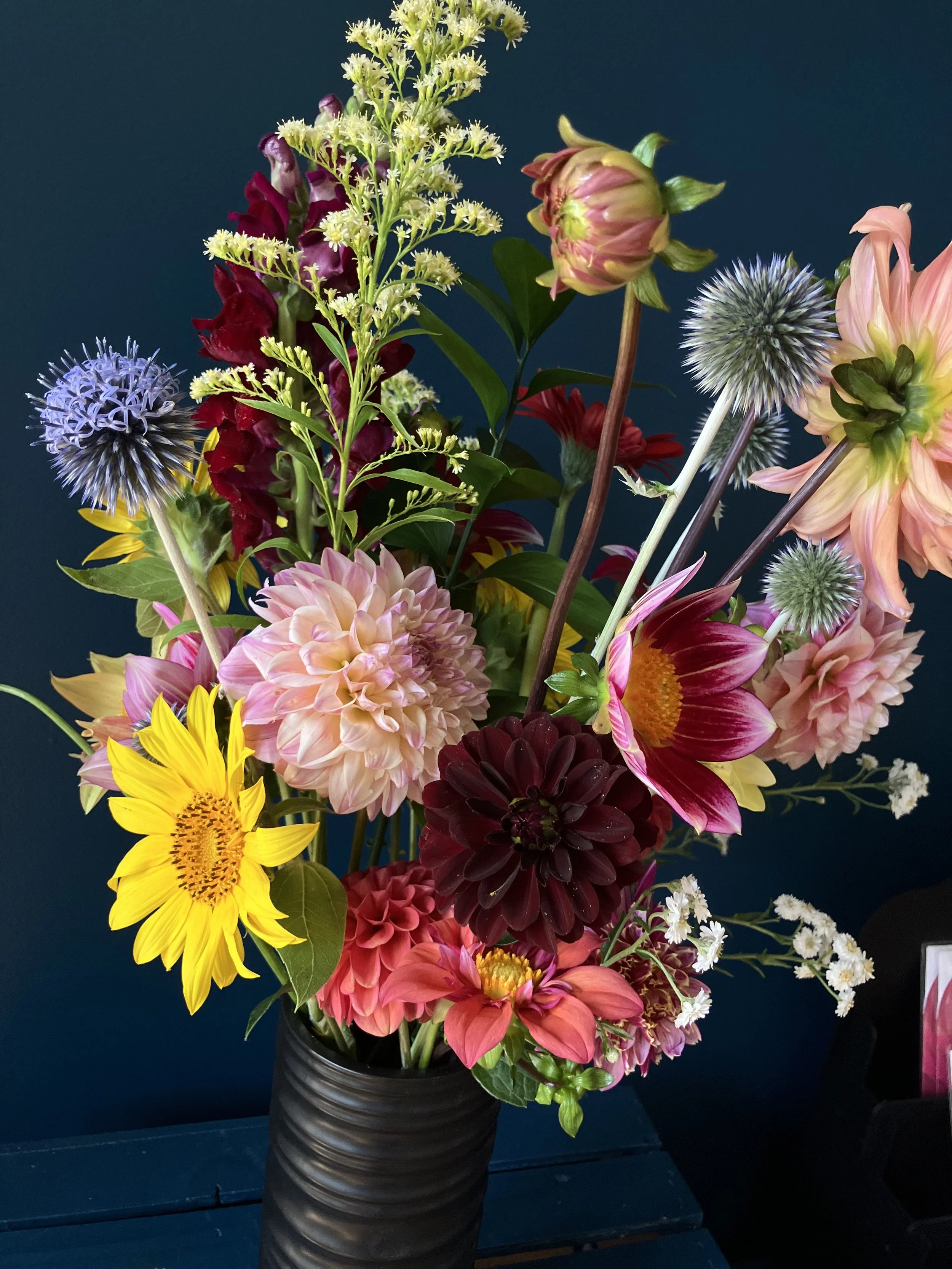 Garden style flowers summer-like with thistle, mostly dahlia