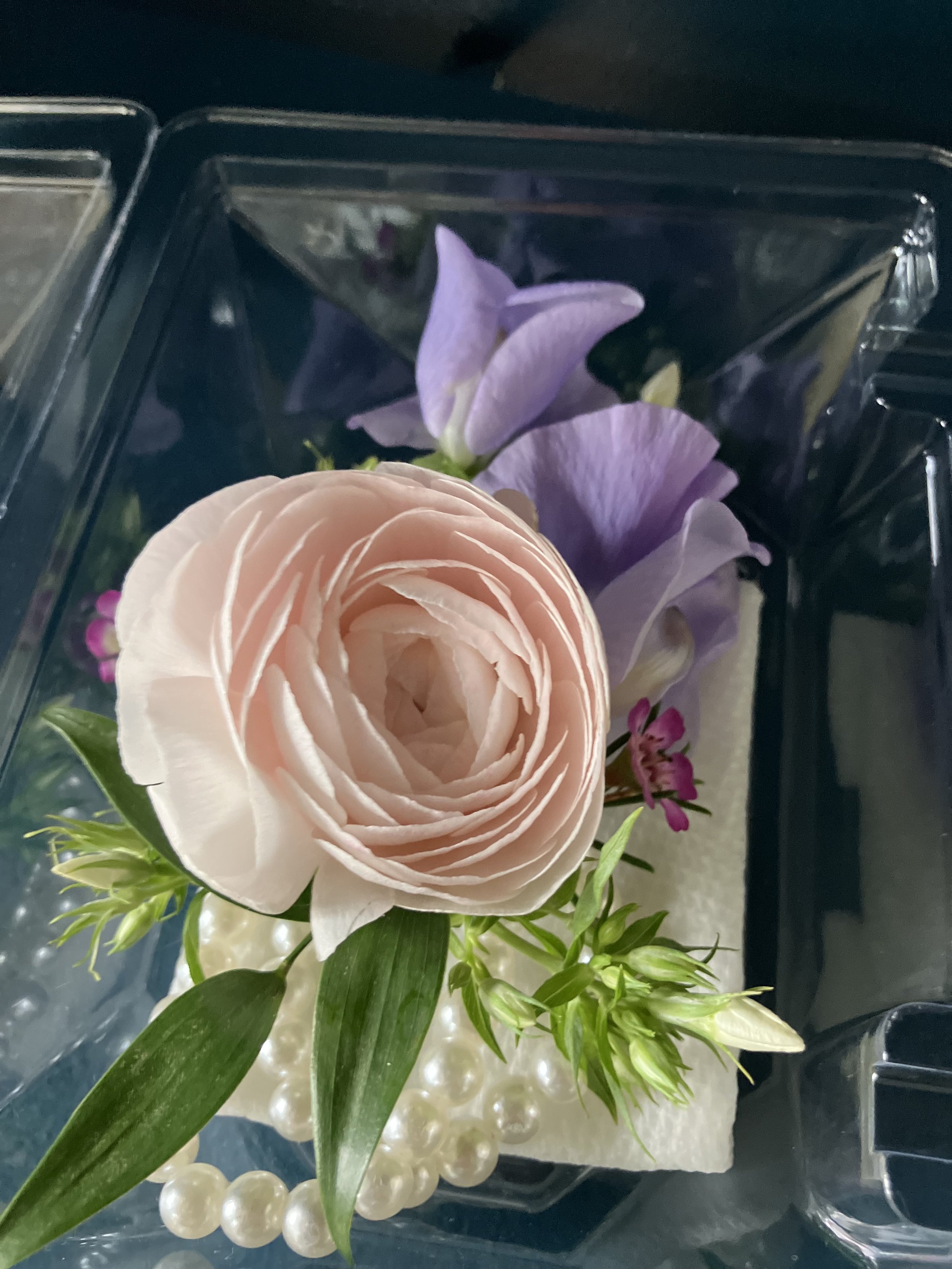 Pink ranunculus & lavender sweet pea floral wearable for wrist