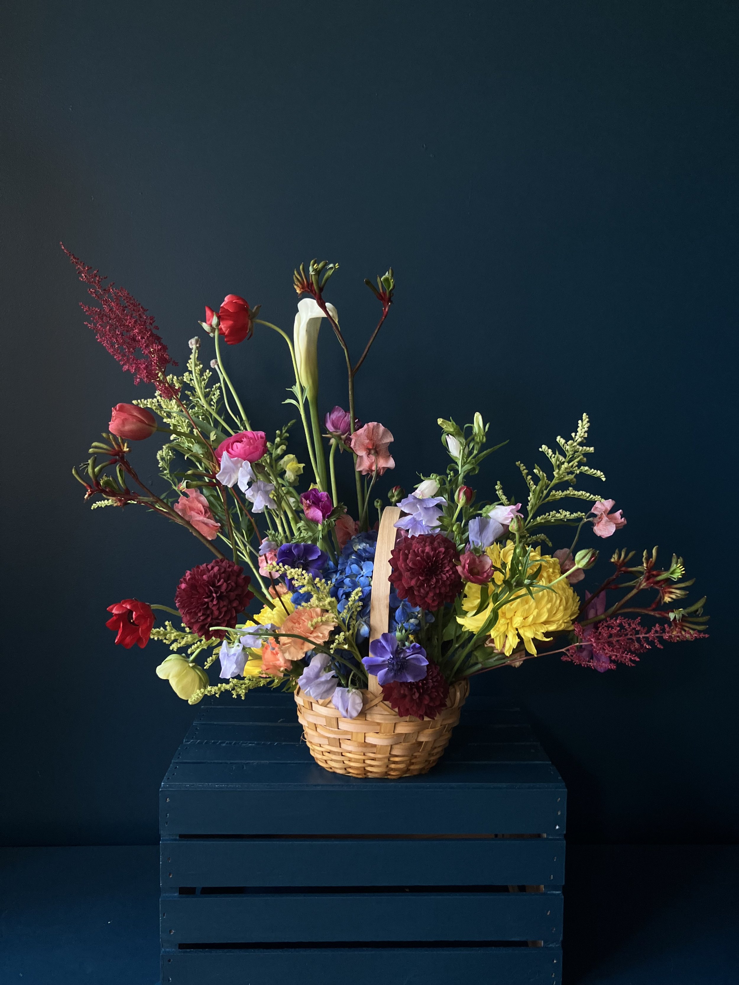 Profusion of blooming flowers skillfully placed with mechanics in a basket for Moms special day