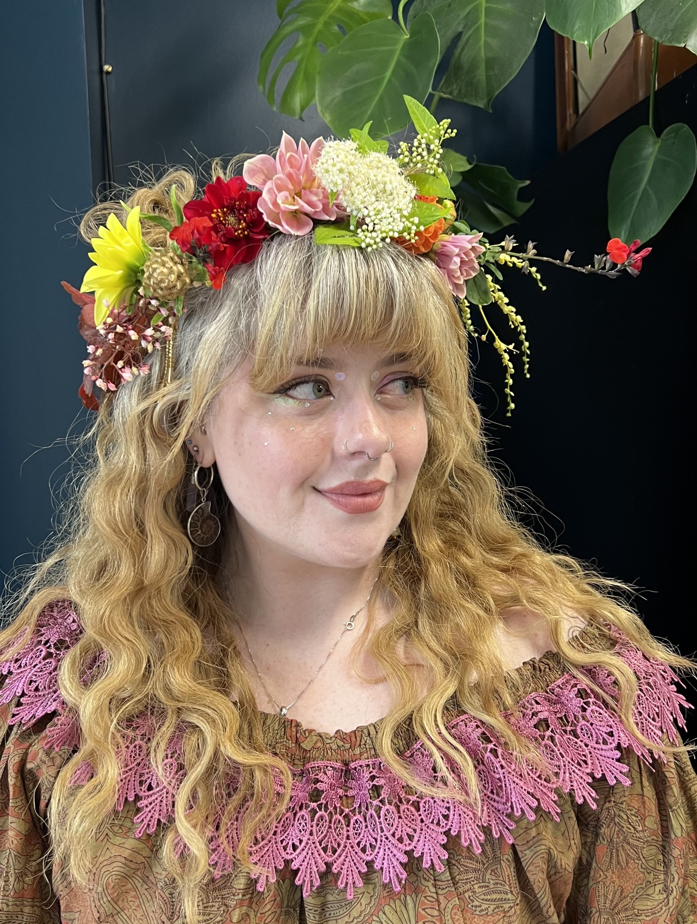 Flower crown in colorful palette designed as a floral wearable for a Portland event