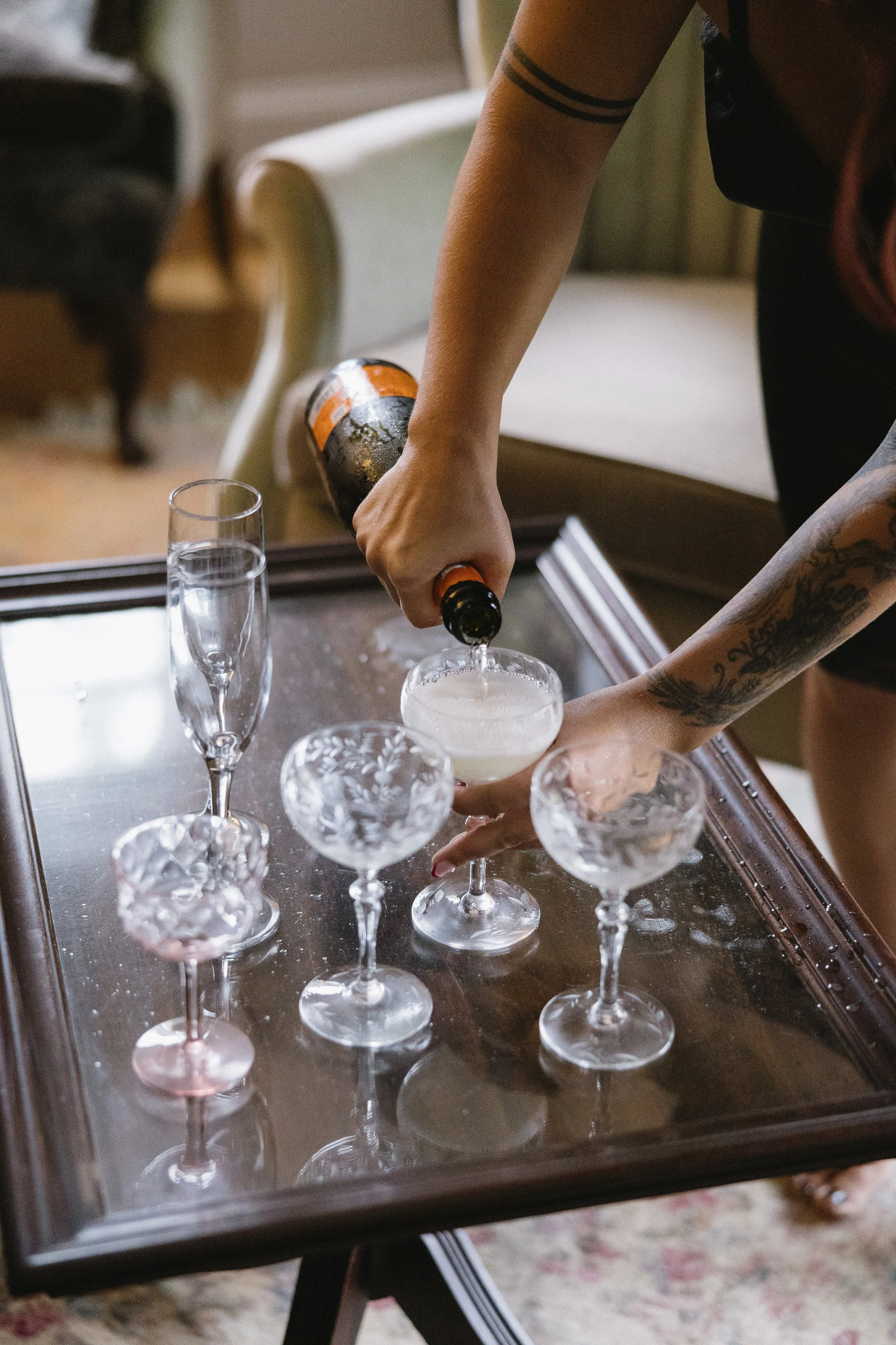champagne glasses at luxury wedding in the berkshires
