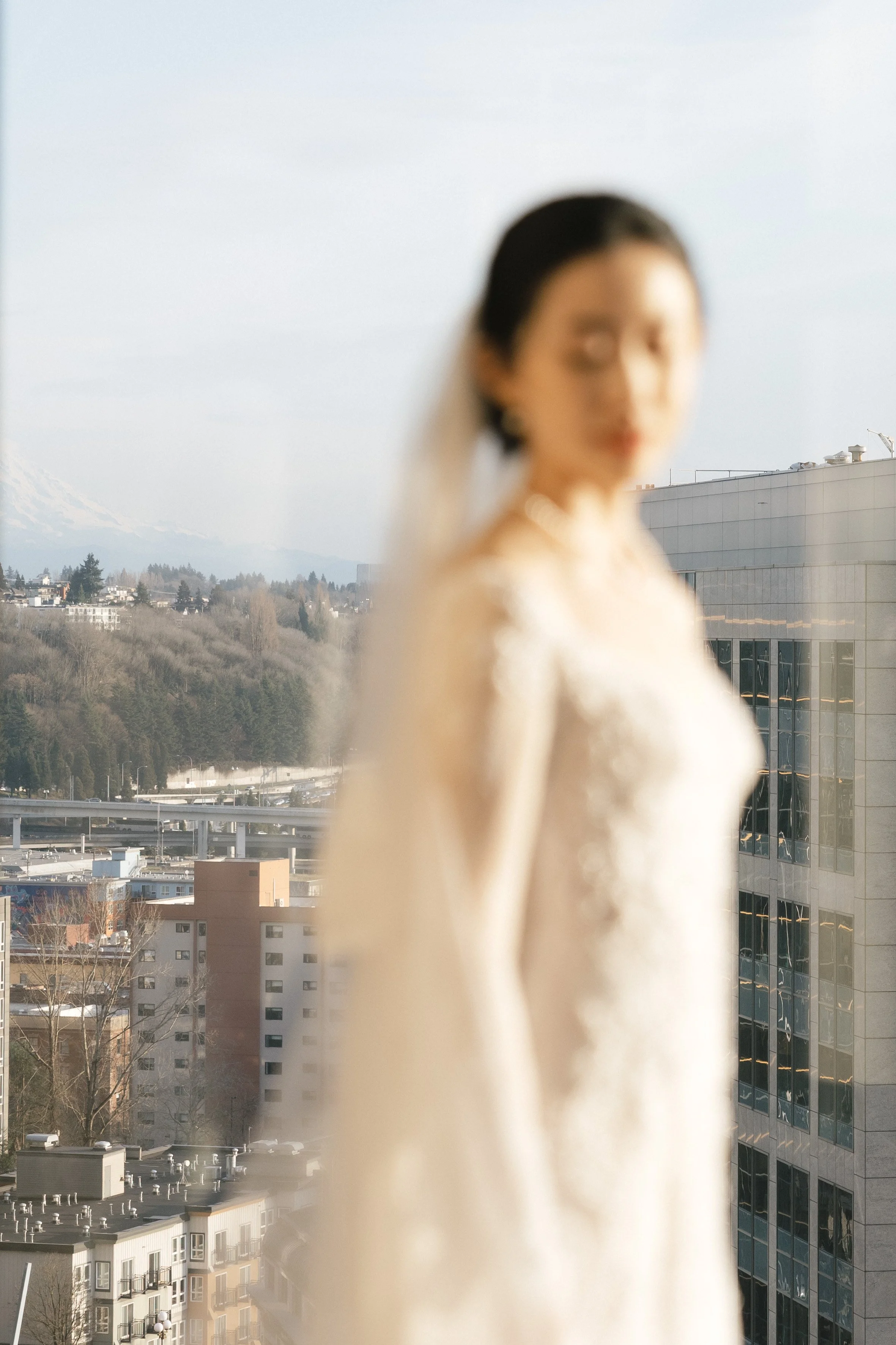 A woman with long dark hair, wearing a white dress, standing in front of a window with a cityscape and snow-capped mountains in the background. The woman is out of focus.