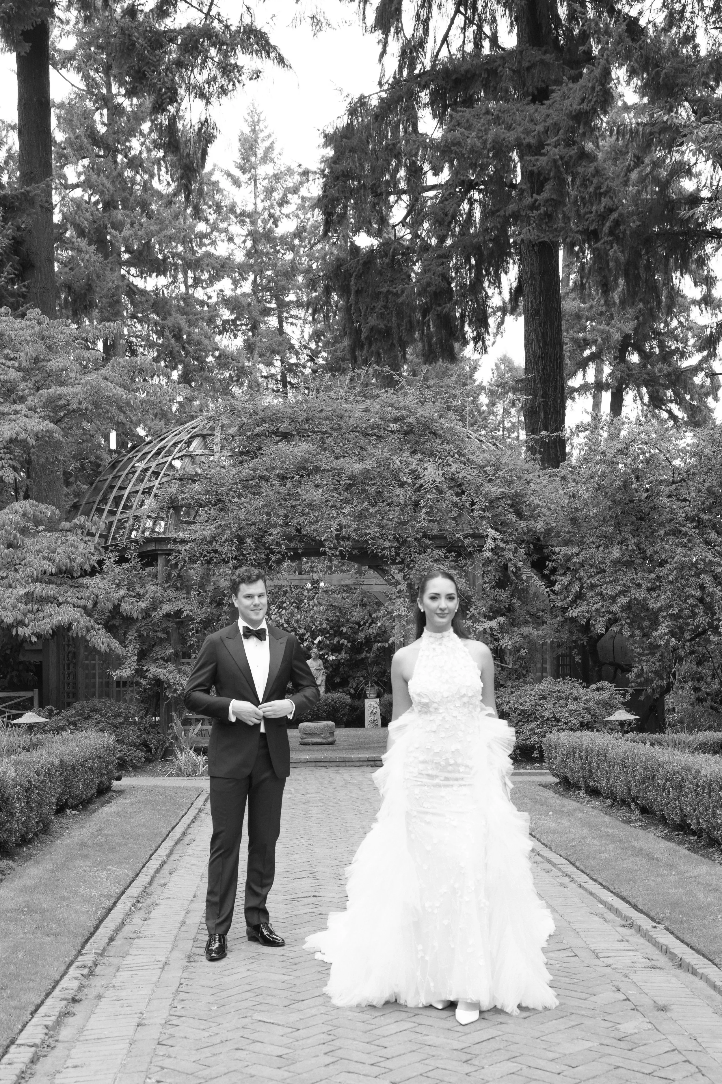 bride and groom portraits in a historic estate garden