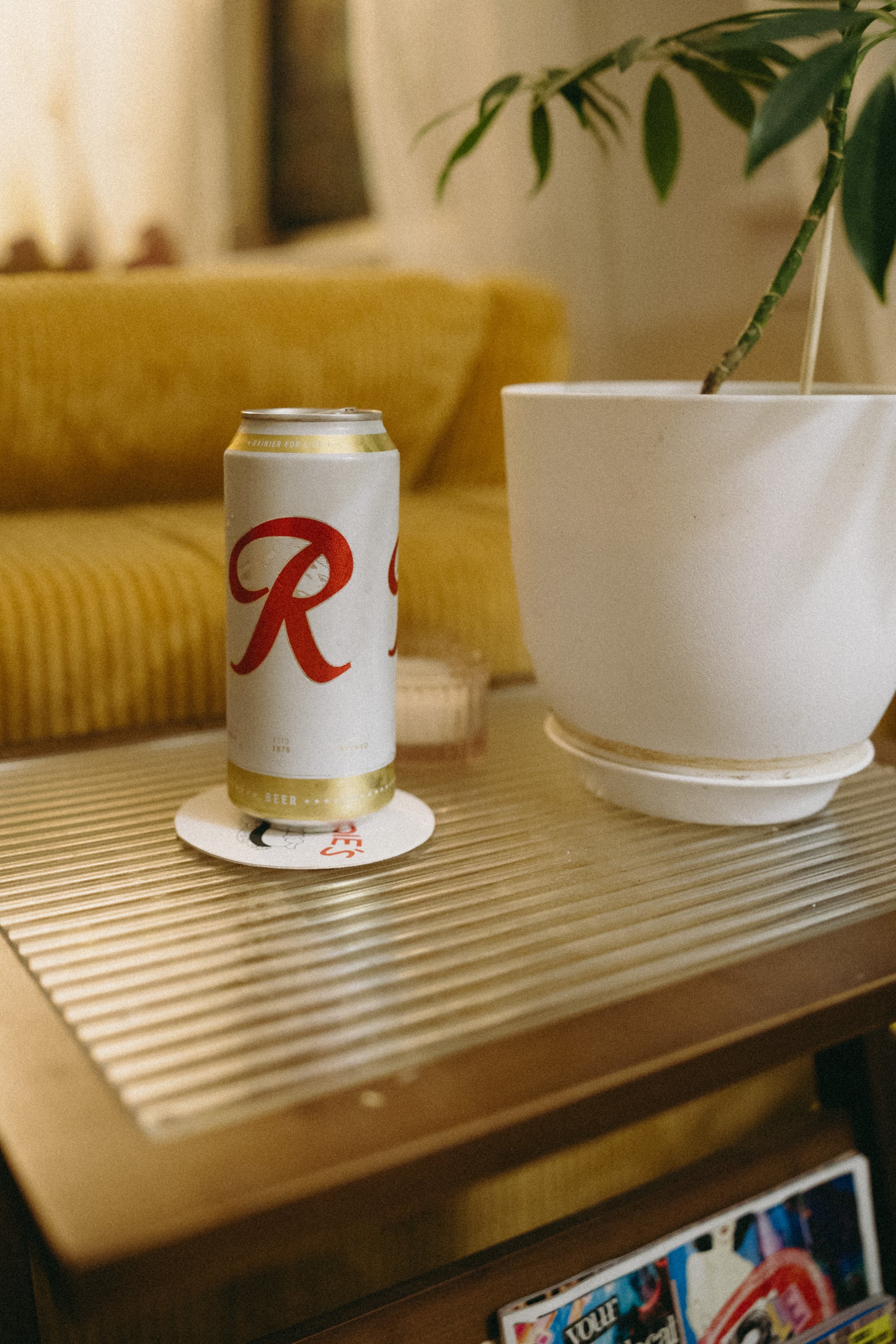 A can of Red Bull energy drink on a wooden table next to a white ceramic pot with a potted plant and a coaster underneath the can.