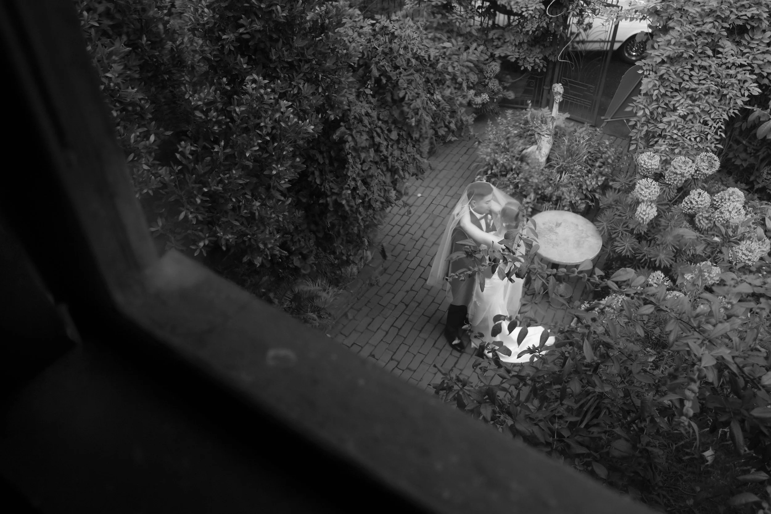 editorial bride and groom portrait from overhead at the corson building