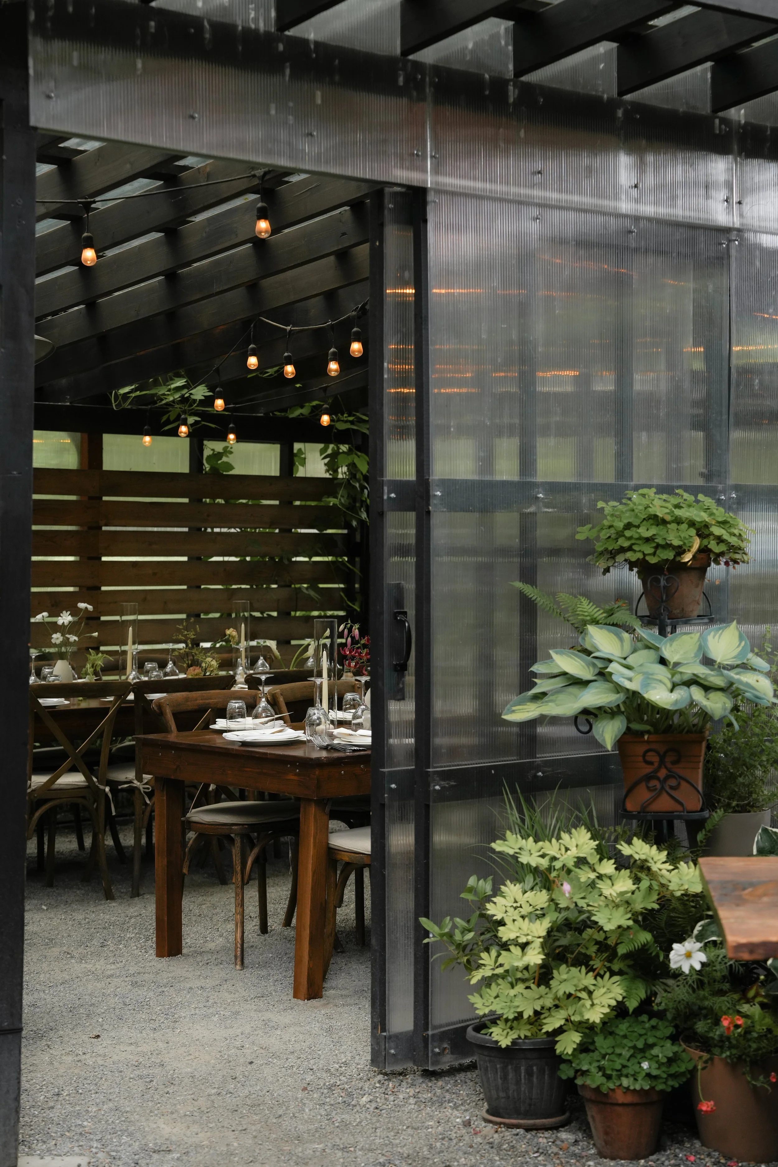 luxury outdoor wedding dinner with string lights