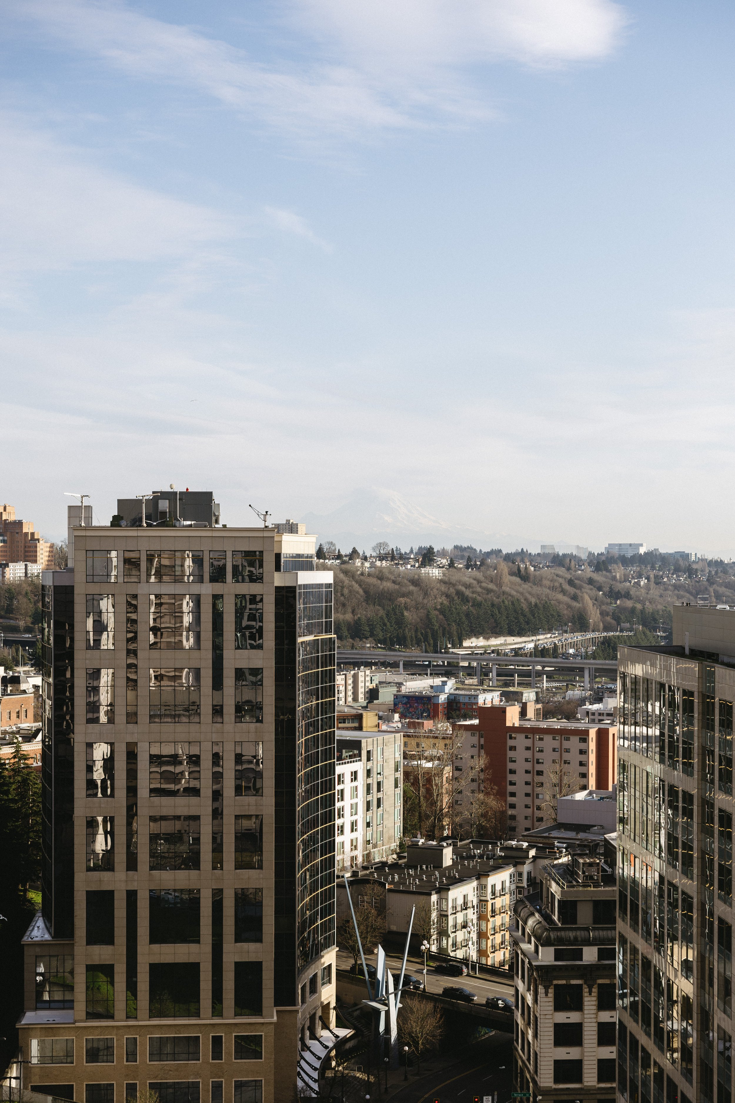 Cityscape with tall office buildings, a bridge, and distant mountains, including Mount Rainier, under a partly cloudy sky.