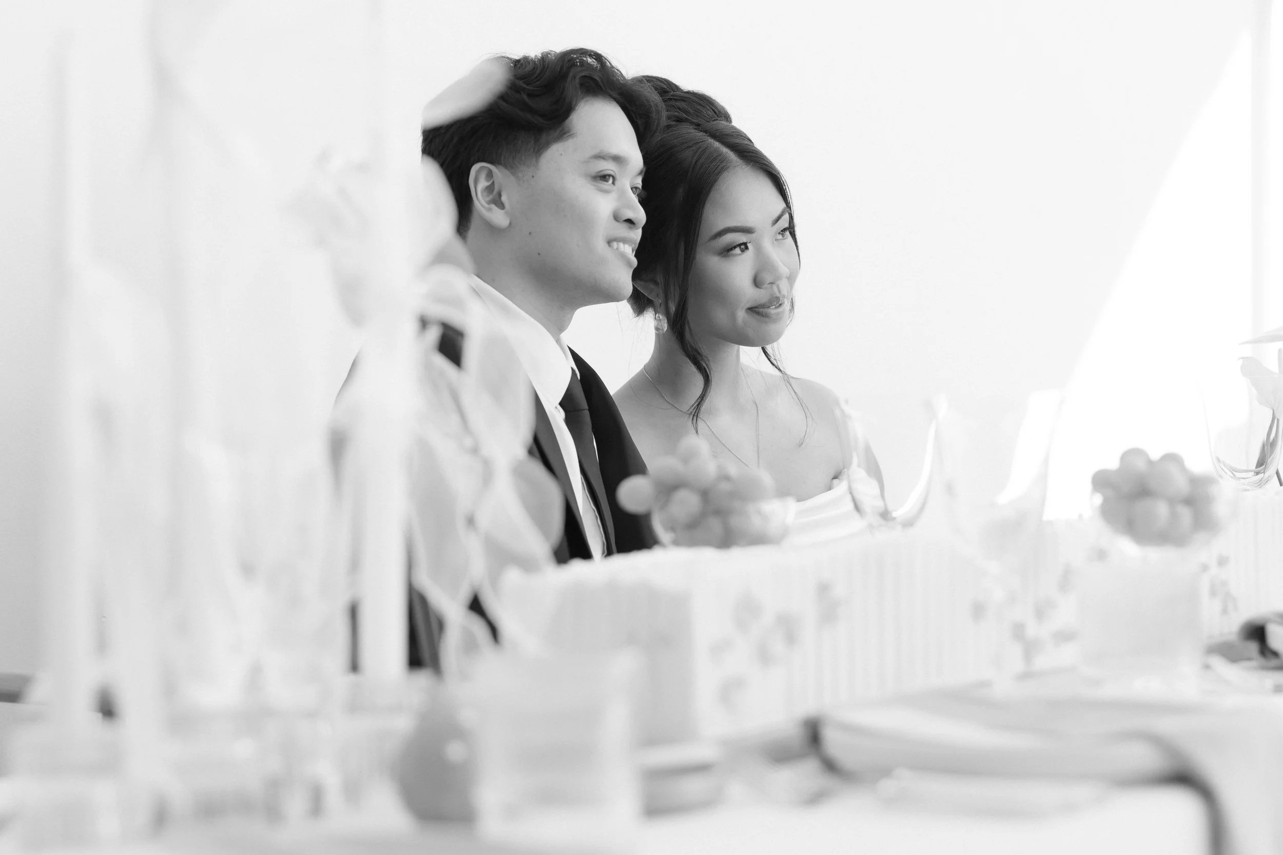 editorial bride and groom portrait and wedding table scape