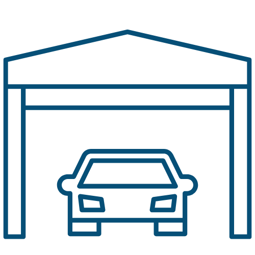 Outline of a car inside a garage or carport with a peaked roof and vertical support beams.