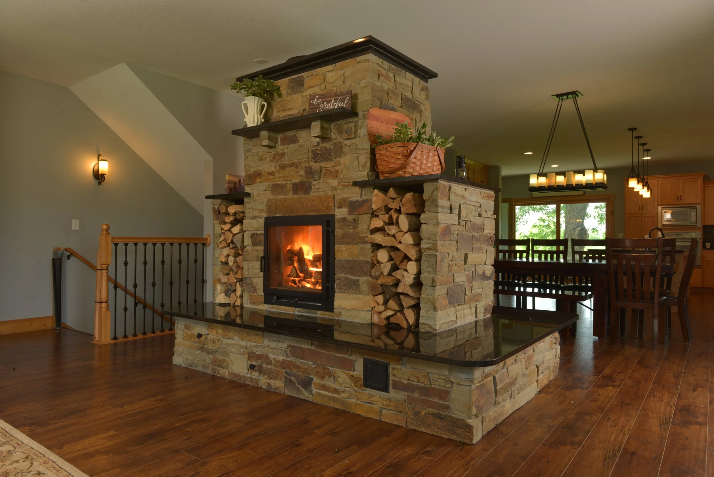 Warm, burning masonry heater fireplace