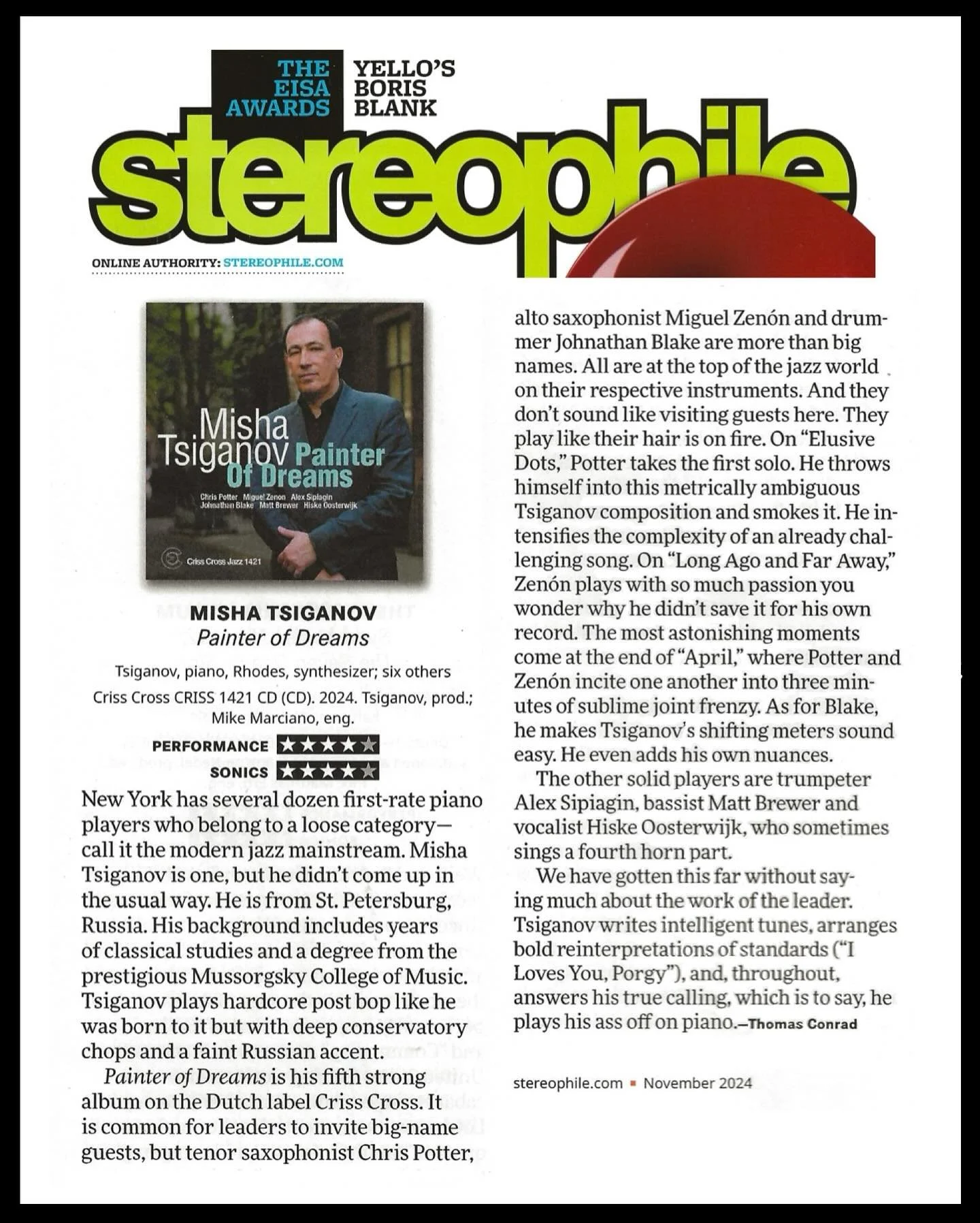 Big thanks to Thomas Conrad &amp; Stereophile Magazine for reviewing my new album &ldquo;Painter Of Dreams&rdquo;, feat. Alex Sipiagin - trumpet, Chris Potter - sax, Miguel Zenon - sax, Matt Brewer - bass, Johnathan Blake - drums, Hiske Oosterwijk - 
