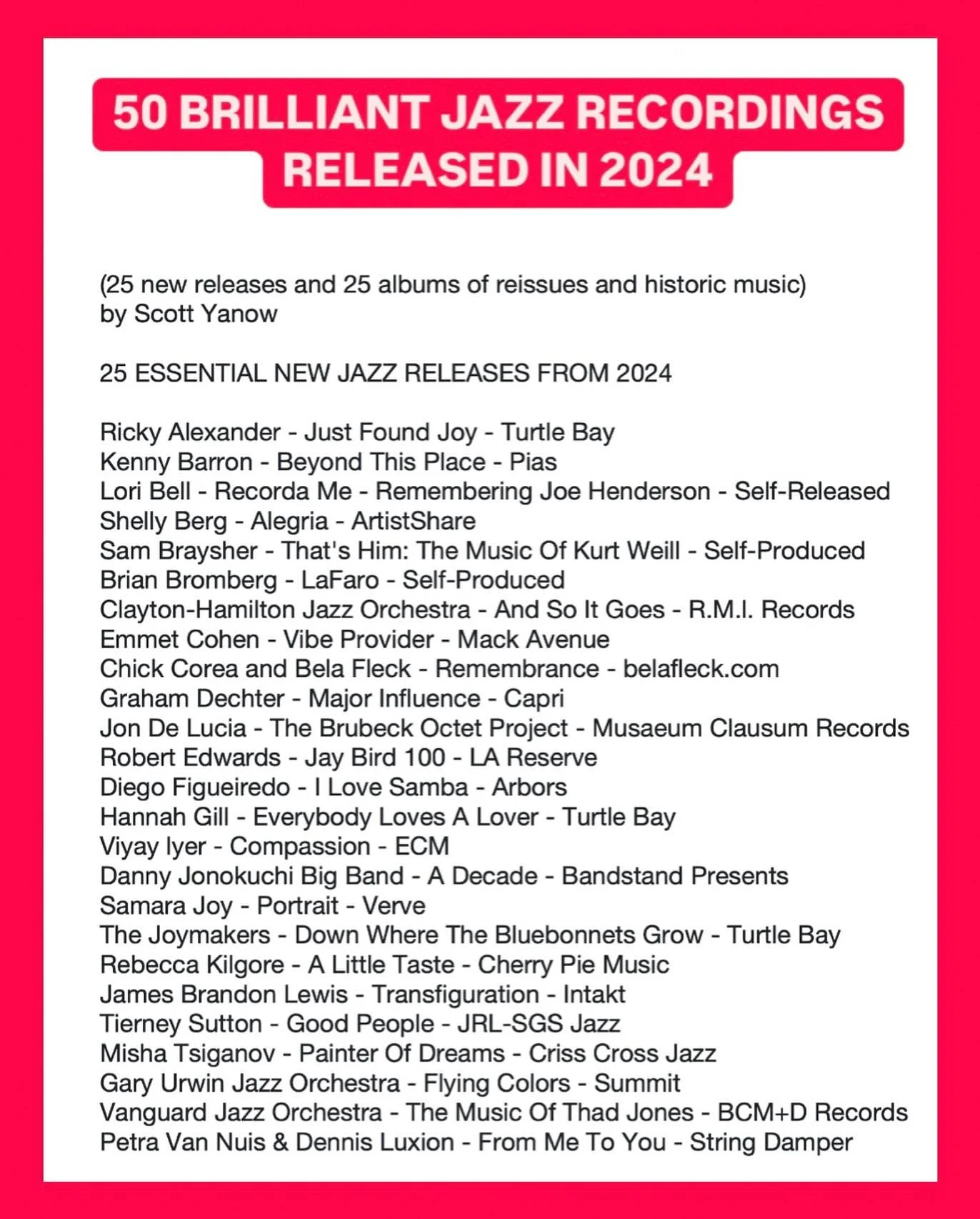 Happy and proud to be included in Scott Yanow&rsquo;s list of the top 50 albums of 2024 alongside these amazing musicians!