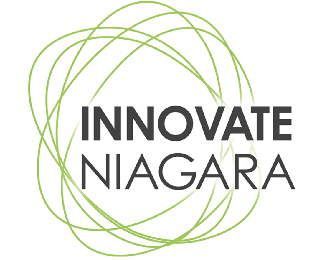 Logo with the text 'Innovate Niagara' surrounded by green abstract swirl lines.