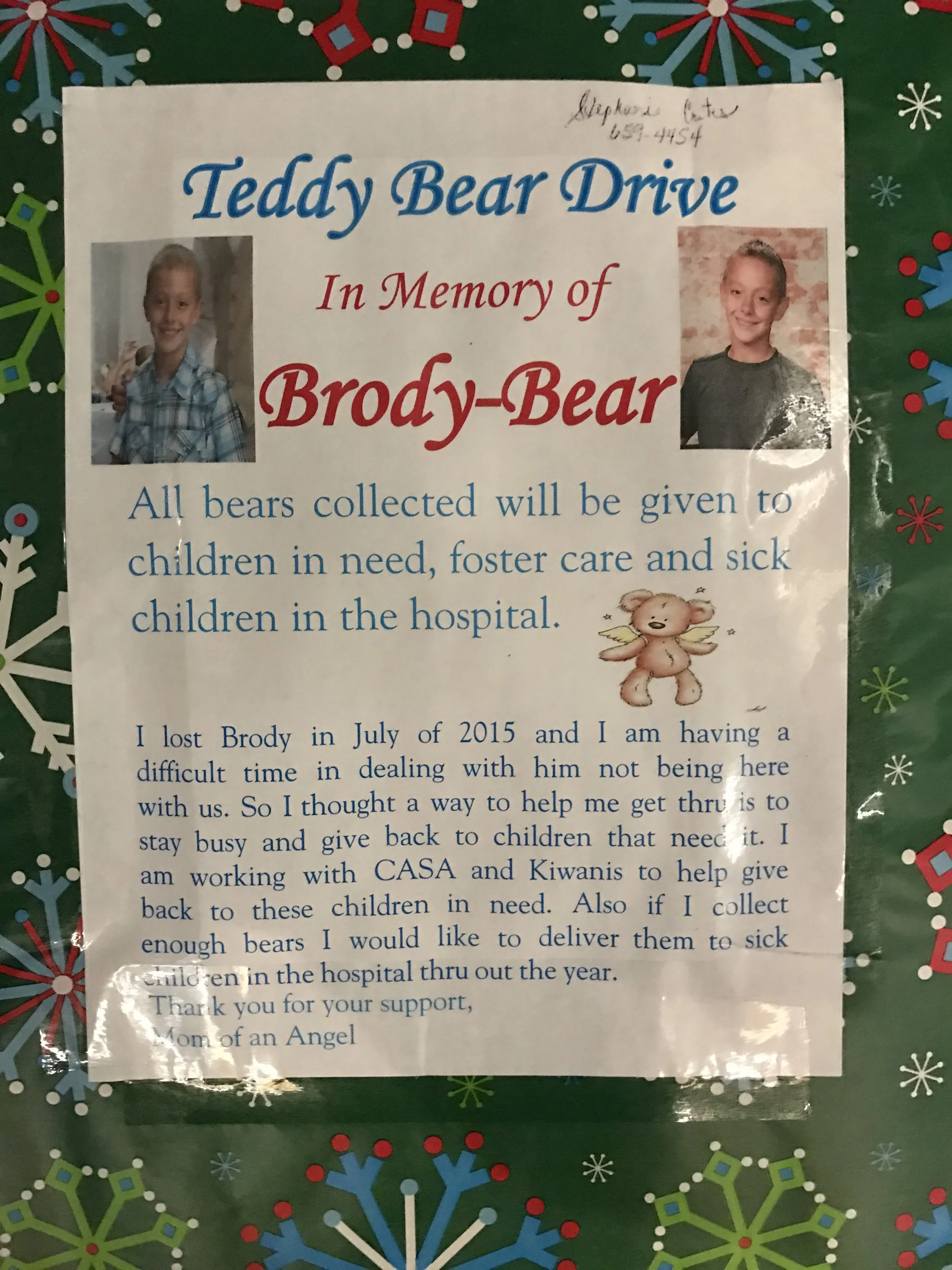 Poster titled 'Teddy Bear Drive' in memory of Brody-Bear, with photos of a young girl, a young boy, and a teddy bear illustration, explaining fundraising for children in need, foster care, and hospitals.