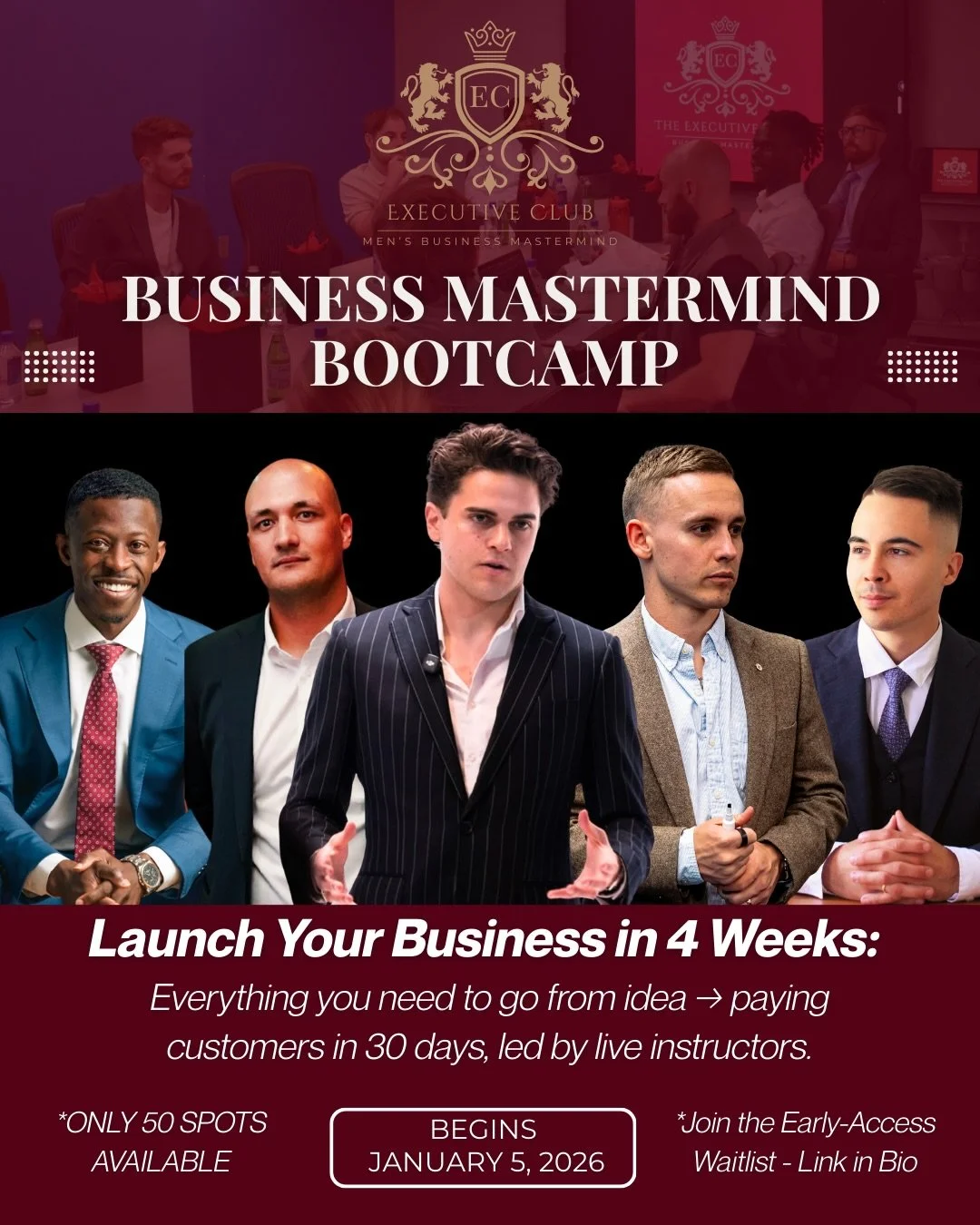 Ready to launch your business in 4 weeks?

The Executive Club Business Mastermind Bootcamp is an instructor-led program designed to help beginners go from idea to execution with structure, guidance, and accountability.

Over 4 weeks, participants rec