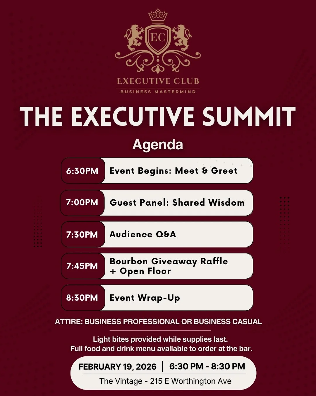 The Executive Summit&nbsp;this&nbsp;Thursday, Feb 19th at&nbsp;The Vintage Cigar Lounge (South End)&nbsp;🥃💨

This night is for&nbsp;serious operators in Charlotte&nbsp;- business owners, founders, and high‑level professionals who actually care abou