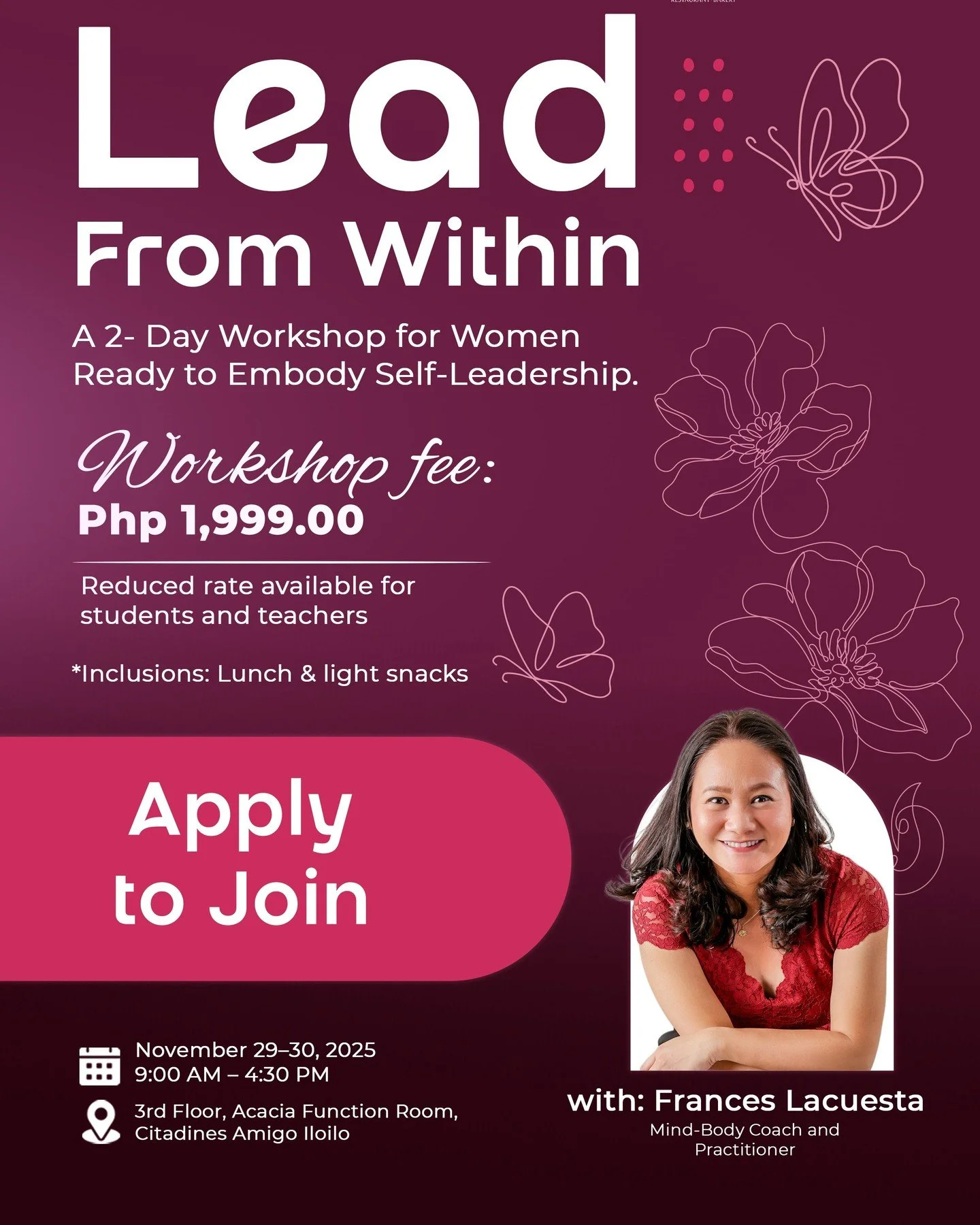 Attention: Women Leaders of Iloilo

There&rsquo;s a new kind of leadership rising, and it starts within.

As women, we&rsquo;ve been told to push harder, give more, and stay strong.

But real strength isn&rsquo;t about endurance, it&rsquo;s about con