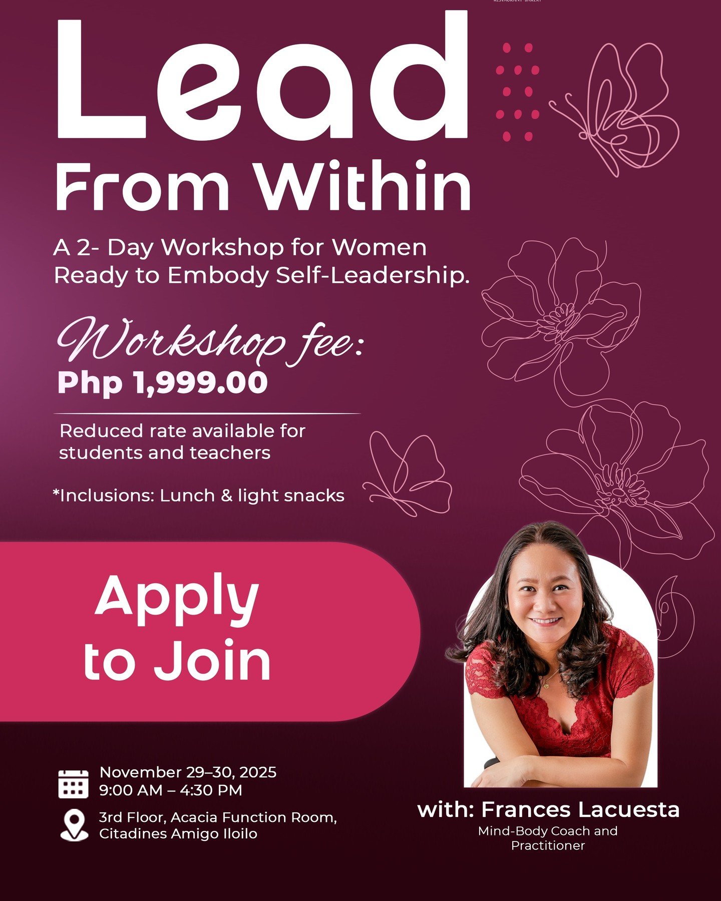 Attention: Women Leaders of Iloilo

There&rsquo;s a new kind of leadership rising, and it starts within.

As women, we&rsquo;ve been told to push harder, give more, and stay strong.

But real strength isn&rsquo;t about endurance, it&rsquo;s about con