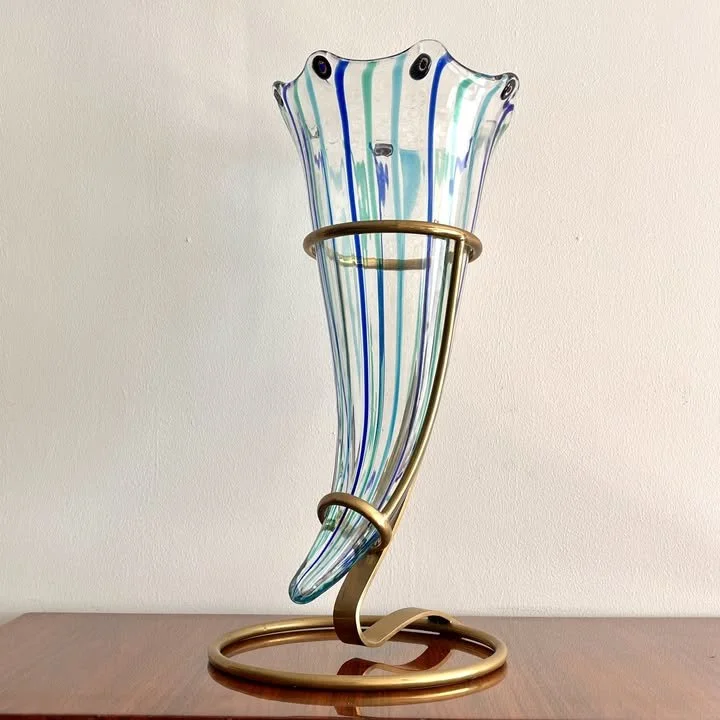Vaso in vetro di Murano con murrine e ottone, anni '80 – foto 1