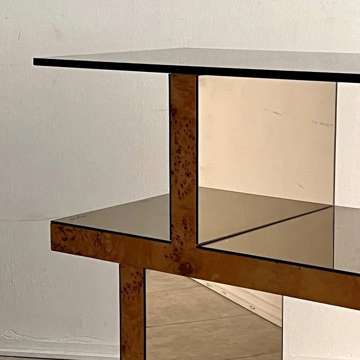 Consolle geometrica in radica e specchio di Nazaret, anni '70 – foto 2