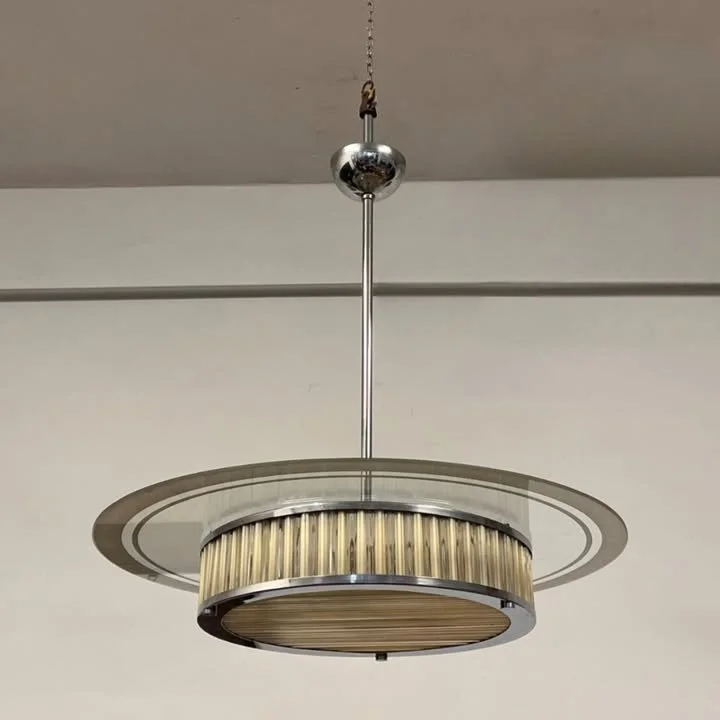 Lampadario in cromo e vetro con canne satinate, Italia, anni '40 – foto 1