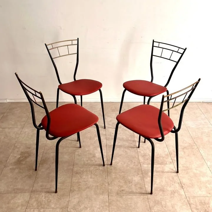 Set di 4 sedie in metallo e ottone con seduta rossa, Italia, anni '60 – foto 3
