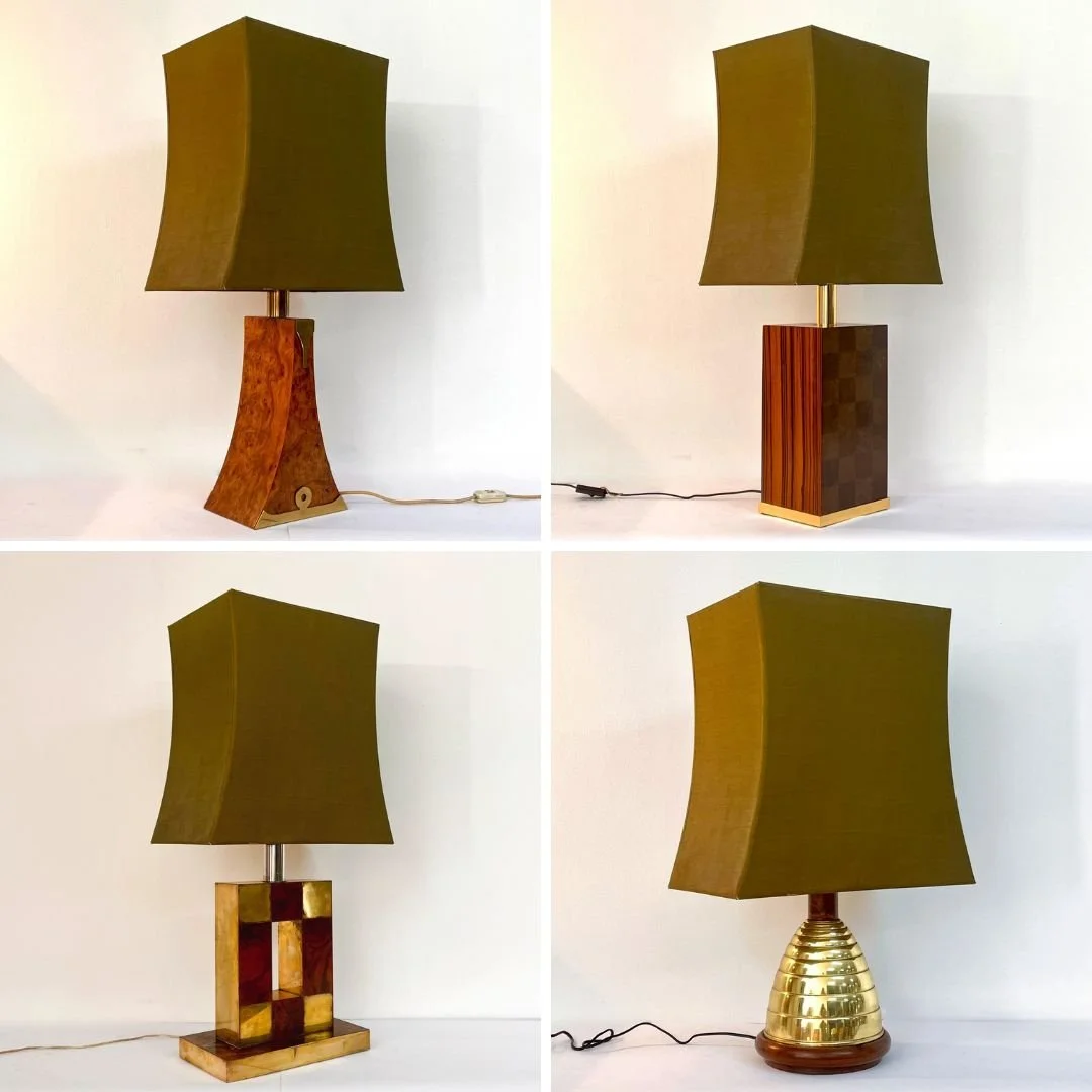 Selezione di lampade scultoree in legno di radica e ottone, manifattura italiana, anni '70.