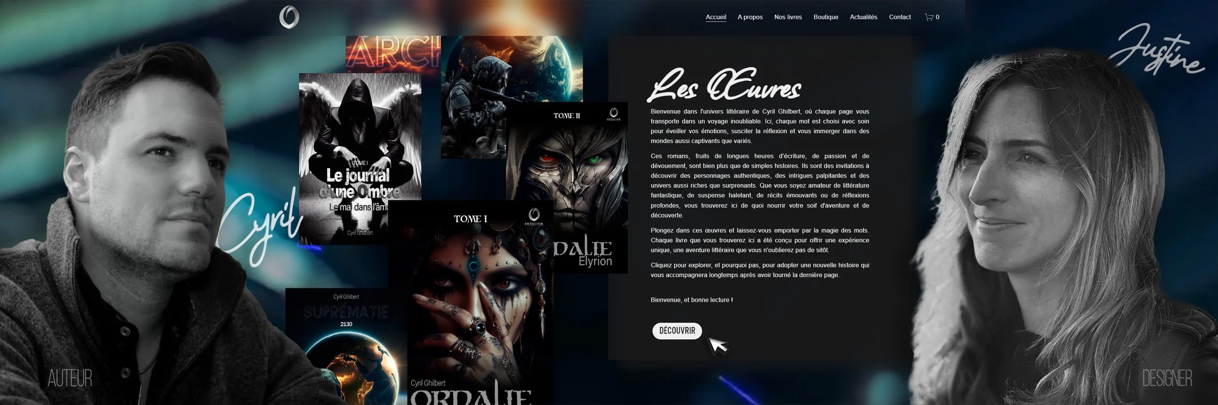 Page de site web présentant l'auteur et le designer Cyril Ghilbert avec des images de ses livres de fantasy.