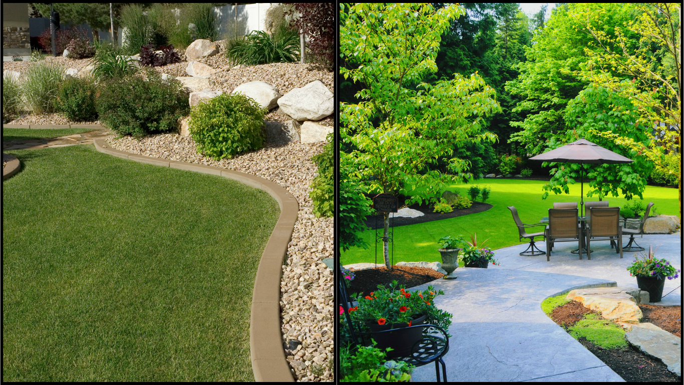 Comparison of two landscaped yards, one with a bright green lawn, rocks, and bushes, and the other with a paved seating area, chairs, umbrella, and lush trees.