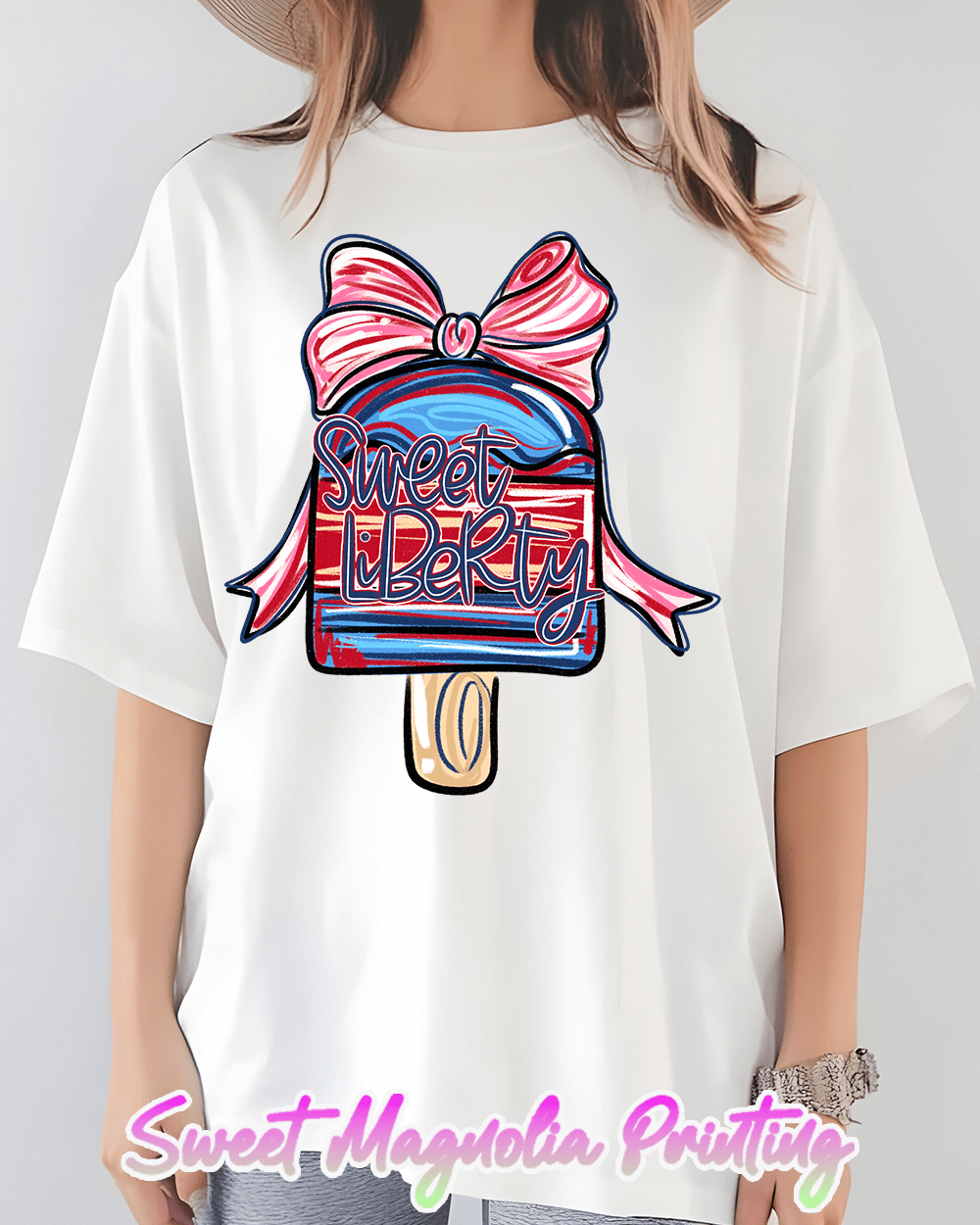 Adorable sweet liberty flag popsicle, great for showing your patriotic spirit on the 4th of July. 4th of July DTF Designs | Sweet Magnolia Printing | Independence Day Tee Shirts
