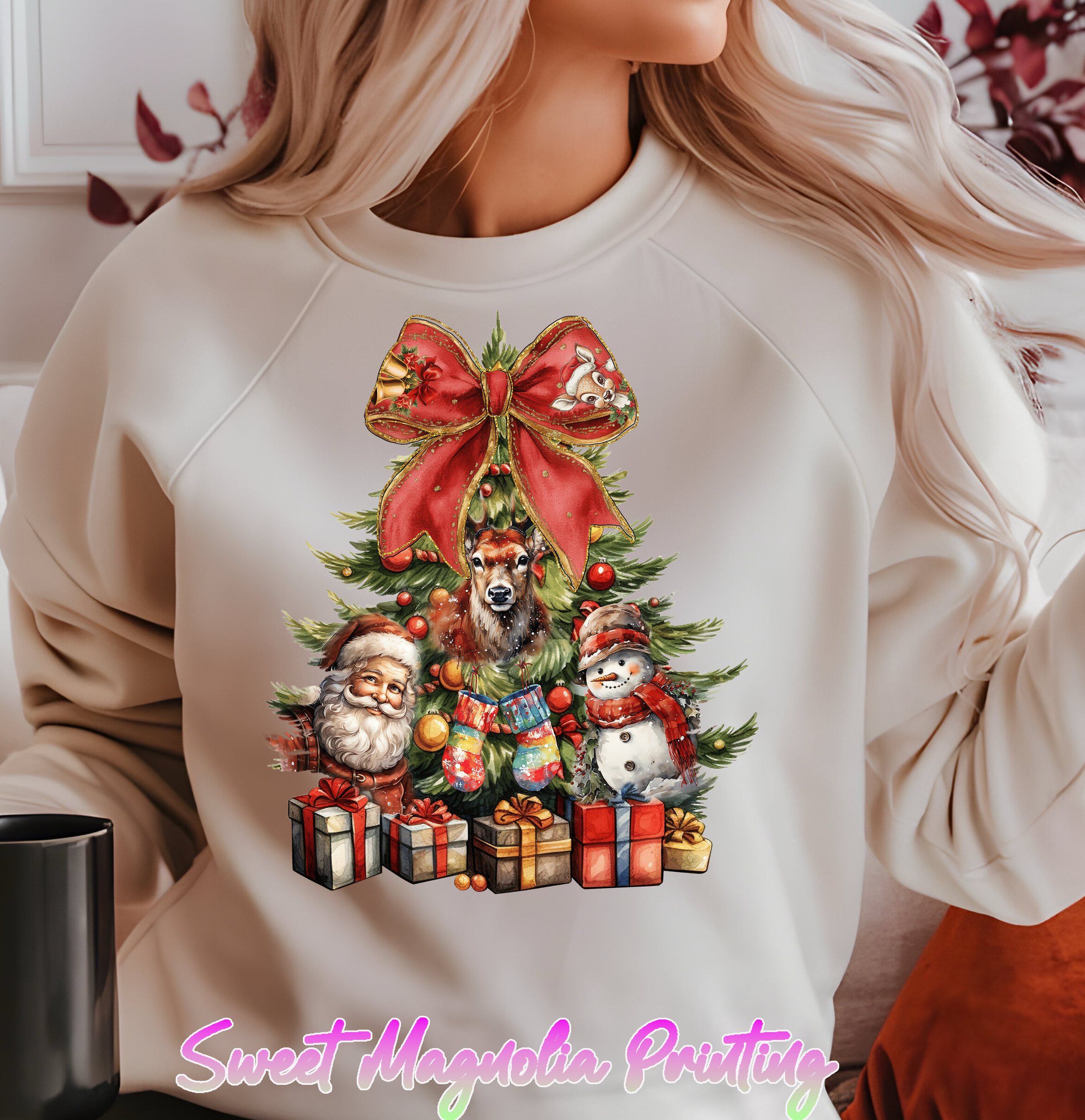 A beautifully decorated Christmas tree featuring a deer and Santa Claus, capturing the spirit of the holiday season | Christmas Transfer | Sweet Magnolia Printing