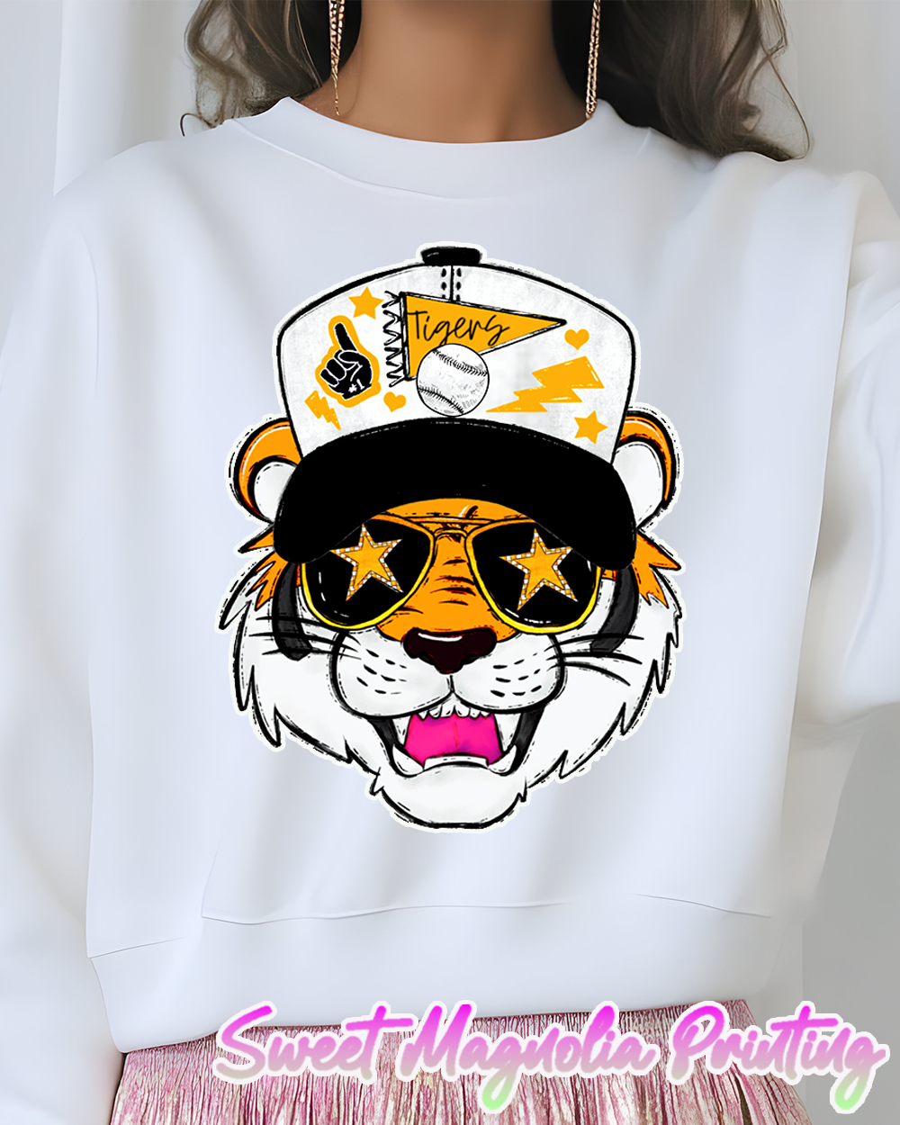 A cool tiger wearing sunglasses and a baseball cap, representing the Hernando Baseball Fan spirit from Sweet Magnolia Printing | Hernando Tiger | Baseball
