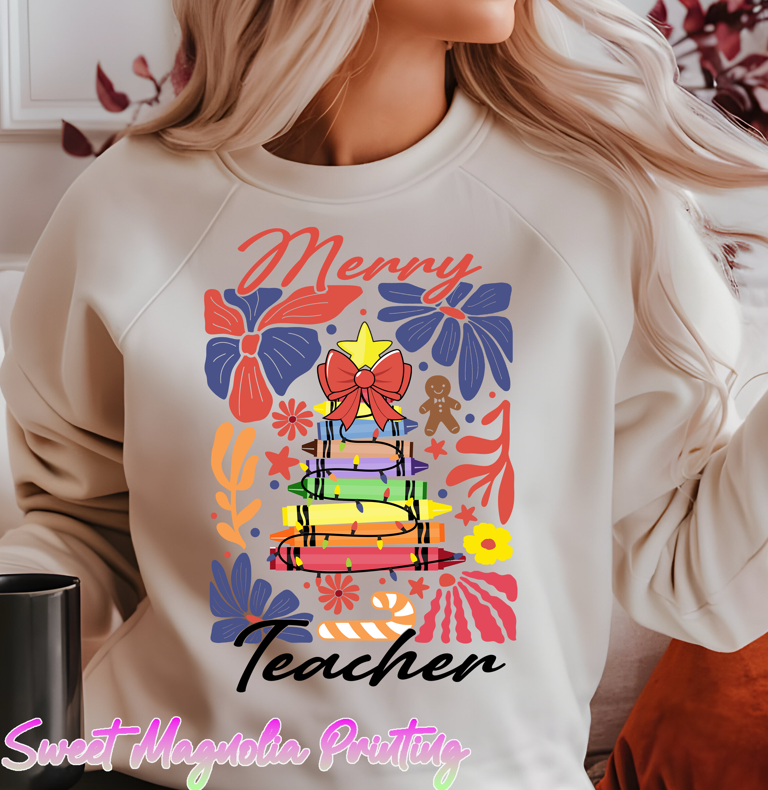 A colorful illustration of a stacked crayons resembling a Christmas tree, adorned with lights, flowers, and festive decorations | Christmas Transfer | Sweet Magnolia Printing