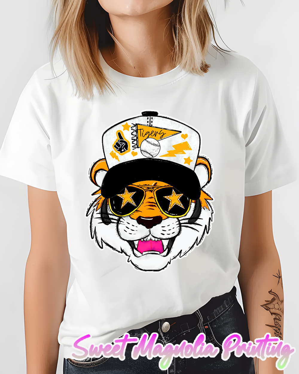 Cool Tiger Wearing Sunglasses & Baseball Cap | Hernando Tiger Baseball | Sweet Magnolia Printing