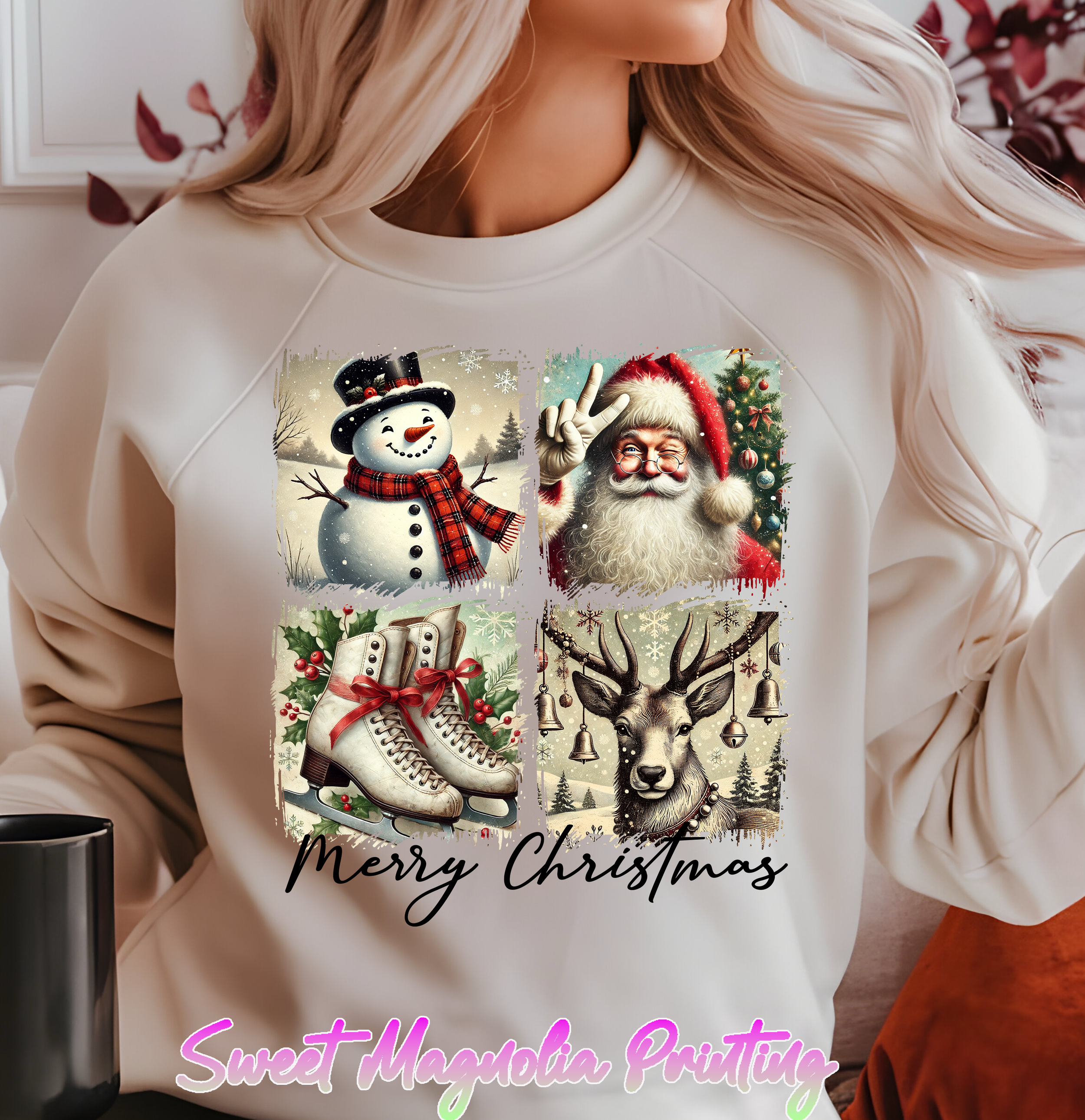 Four vintage-style Christmas pictures. A smiling snowman, Santa Claus, a pair of white ice skates, and a reindeer | Christmas Transfer | Sweet Magnolia Printing