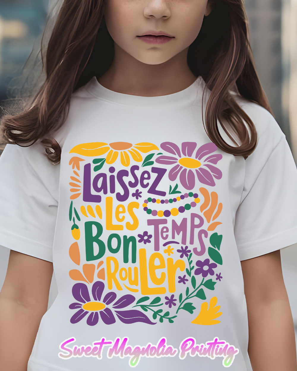 Vibrant Mardi Gras t-shirt by Sweet Magnolia Printing, featuring unique designs for a festive and stylish celebration. Mardi Gras Designs | Sweet Magnolia Printing | Custom Tee Shirts