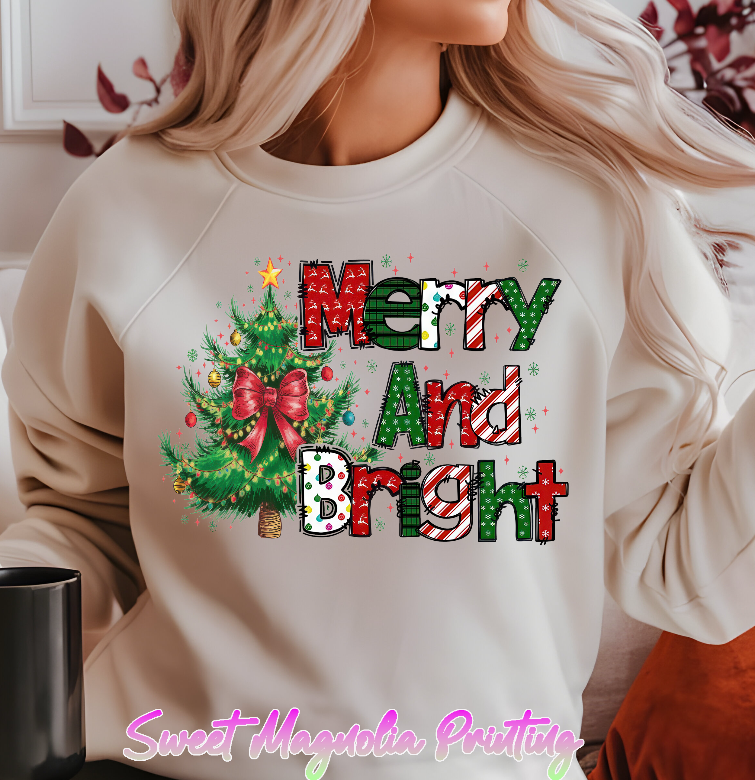 A bright and merry Christmas tree, embellished with ornaments, capturing the essence of holiday cheer and celebration | Christmas Transfer | Sweet Magnolia Printing