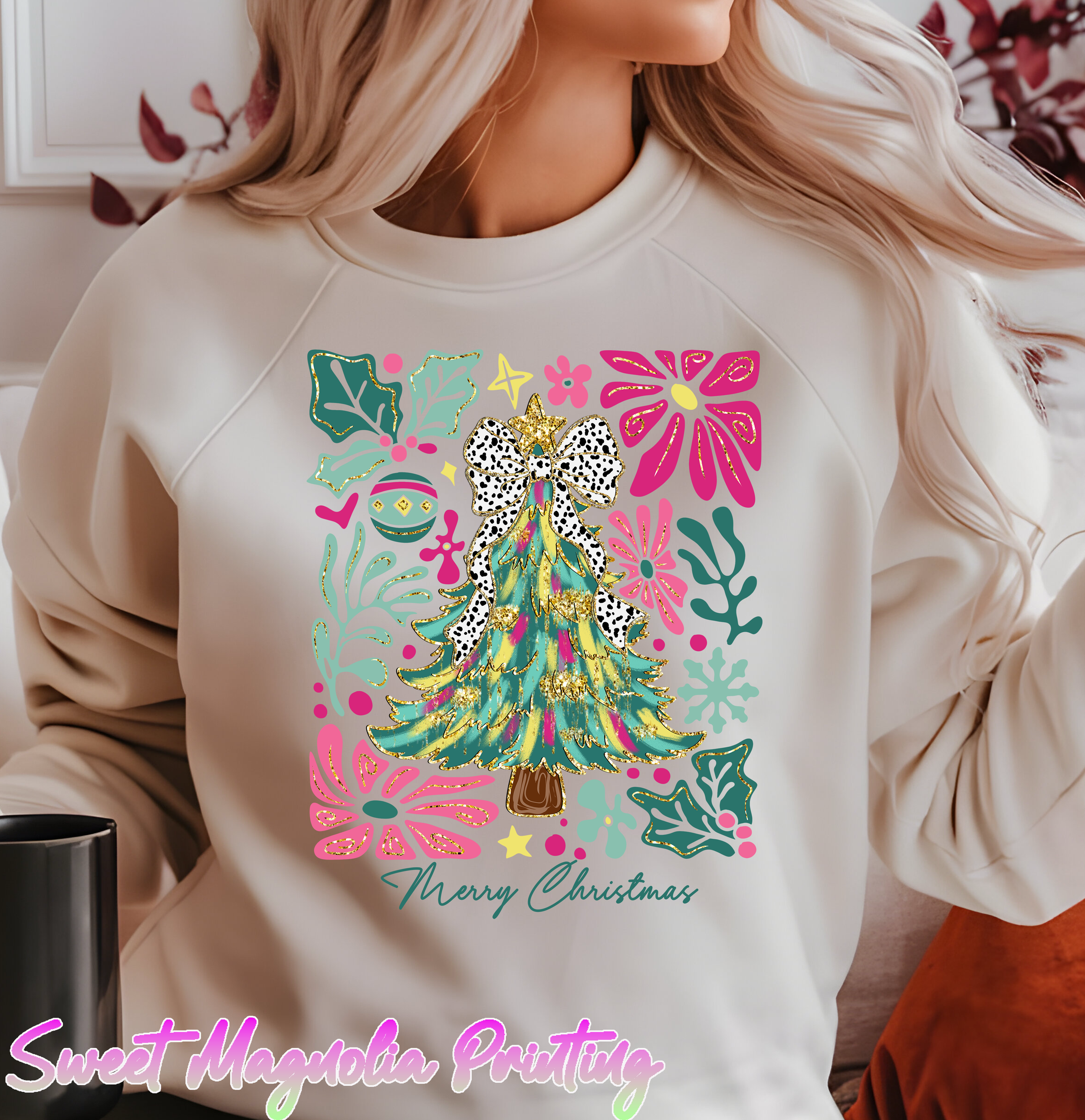 A festive illustration of a decorated Christmas tree with a polka dot bow, surrounded by flowers and holiday ornaments | DTF Transfer | Sweet Magnolia Printing