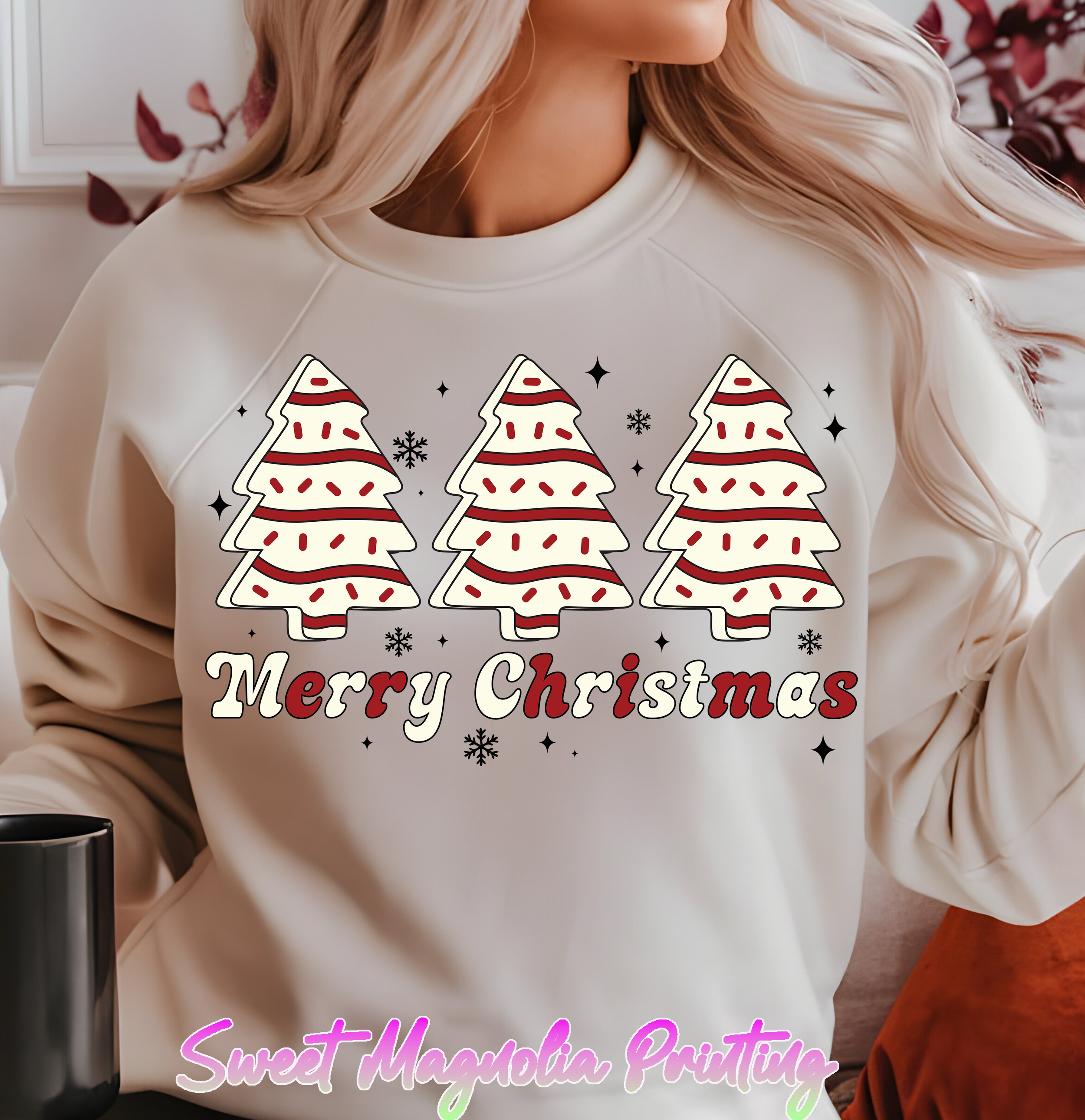 Three festive Christmas trees with red stripes accompany the text "Merry Christmas" in playful, colorful letters | Christmas Transfer | Sweet Magnolia Printing