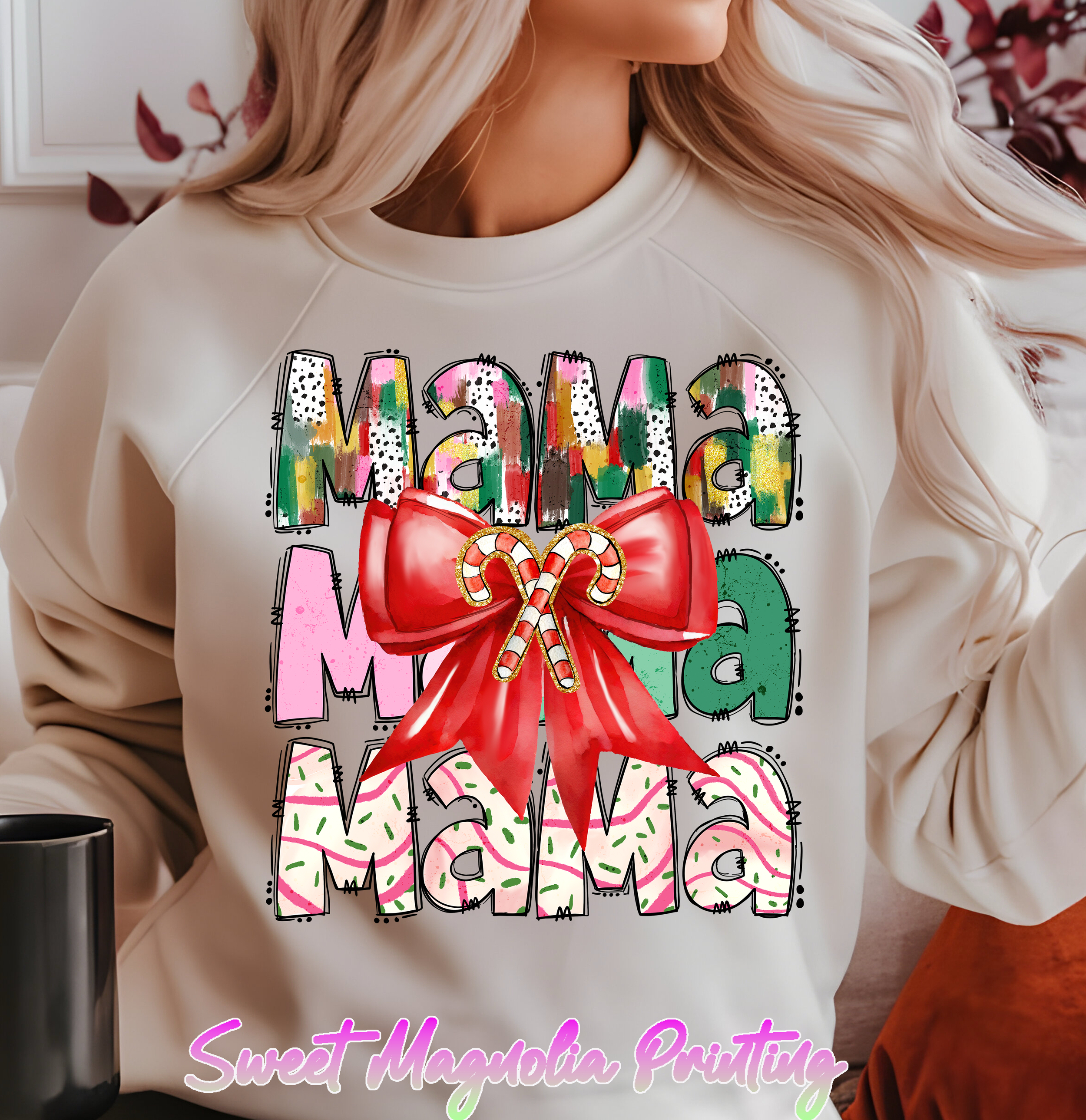 Colorful text spelling "Mama" in various styles, featuring a large red bow and candy canes in the center, festive design | Christmas Transfer | Sweet Magnolia Printing