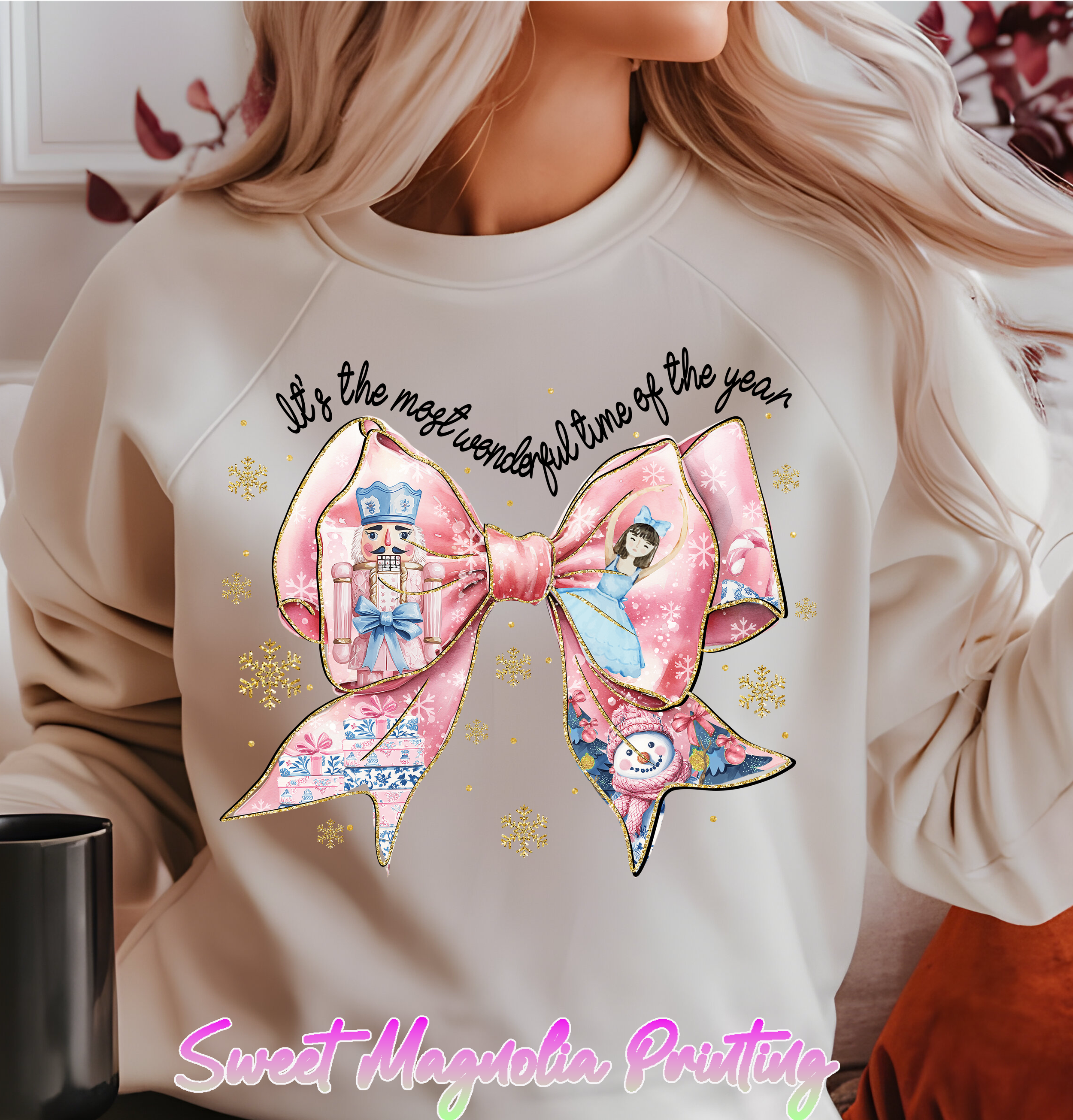 A pink bow with Nutcracker-themed illustrations, including a nutcracker, ballerina, and a snowman with gold snowflakes. | Christmas Transfer | Sweet Magnolia Printing