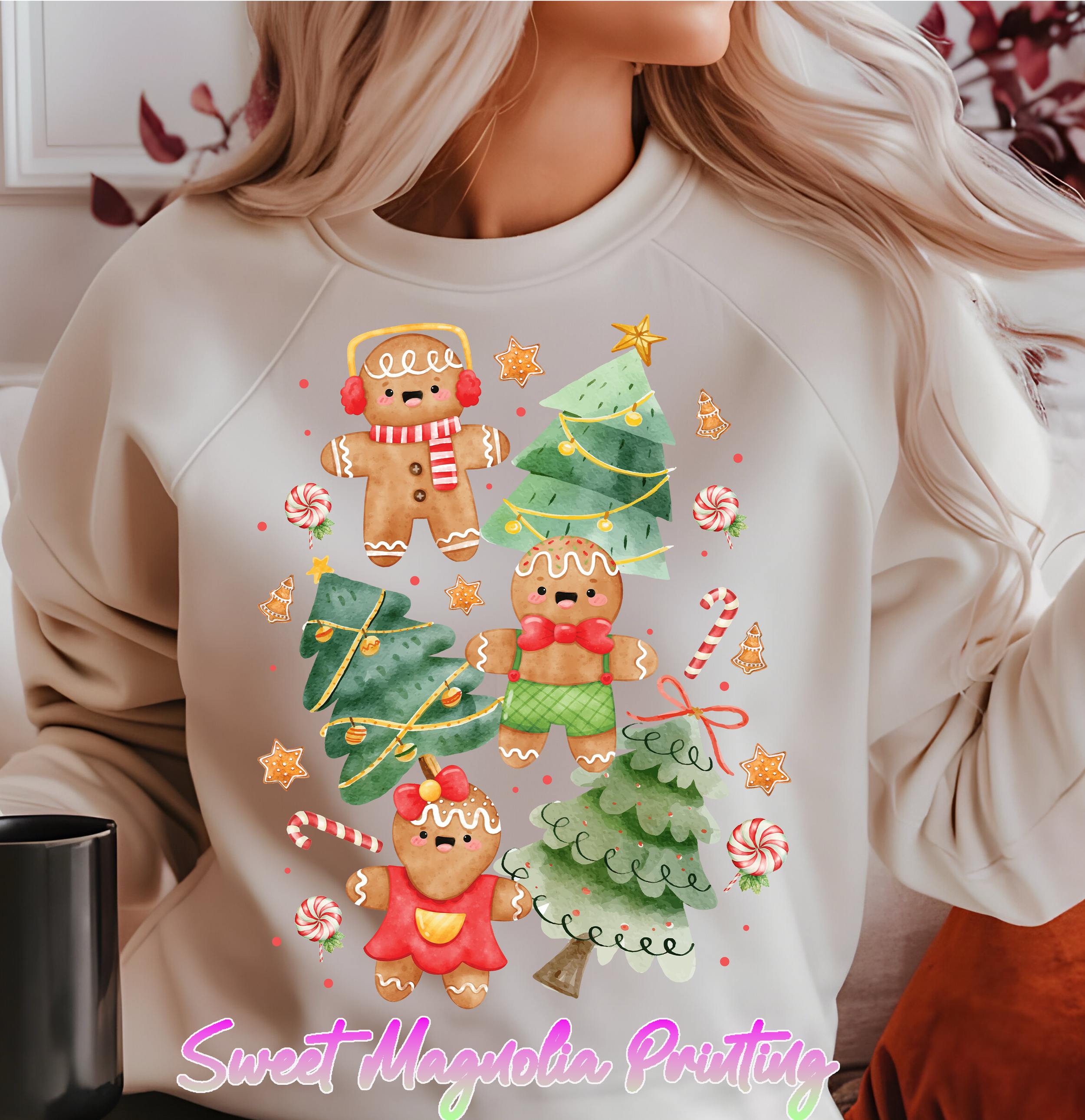 A playful illustration featuring gingerbread cookies and festive Christmas trees, surrounded by candy canes and stars | Christmas Transfer | Sweet Magnolia Printing