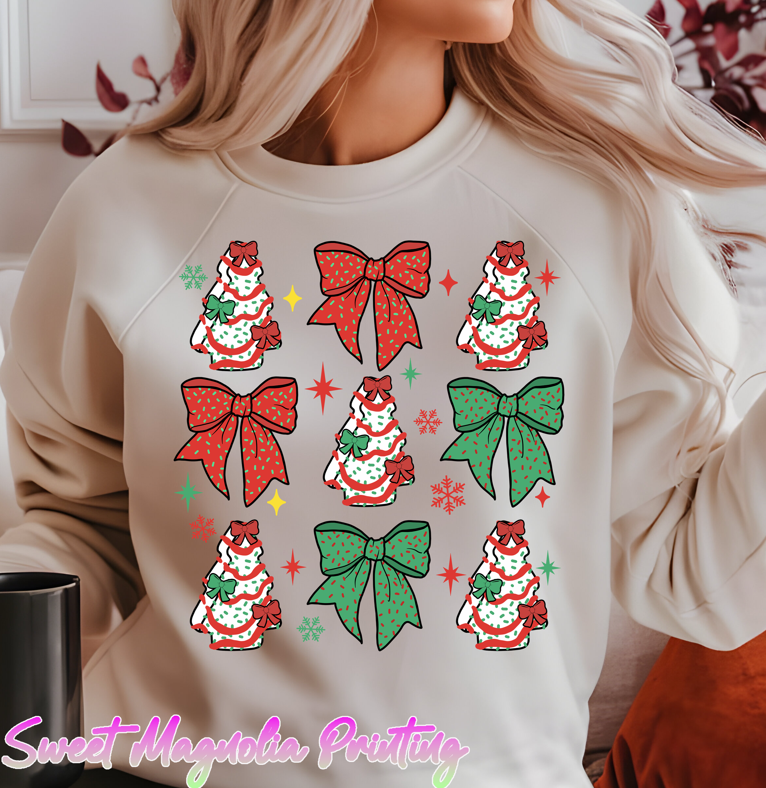 Nine festive Christmas trees are arranged in a grid, adorned with colorful bows and playful sparkles in red, green, and yellow | Christmas DTF Transfer | Sweet Magnolia Printing