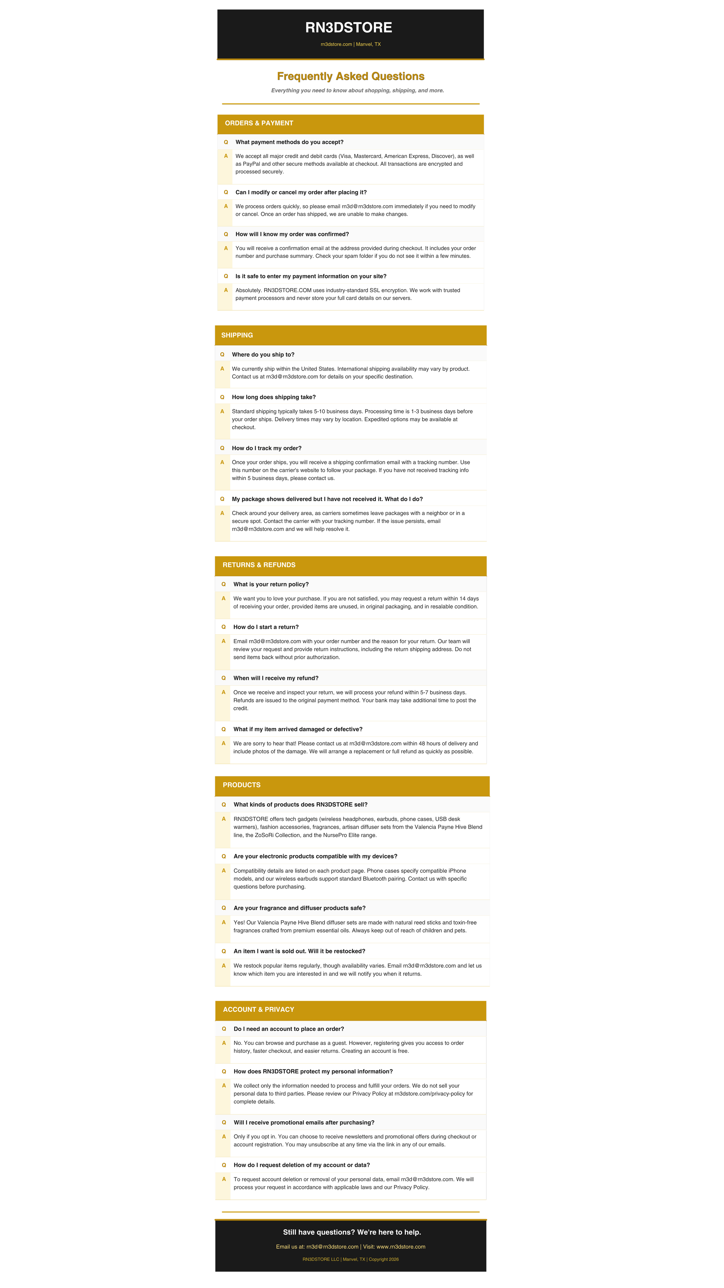 FAQ page for RN3DSTORE, a website selling tech gadgets, fashion accessories, fragrances, and diffuser sets. Contains sections on orders & payment, shipping, returns & refunds, products, and account & privacy, with questions and answers about shopping, shipping, returns, product details, account management, and privacy policies.