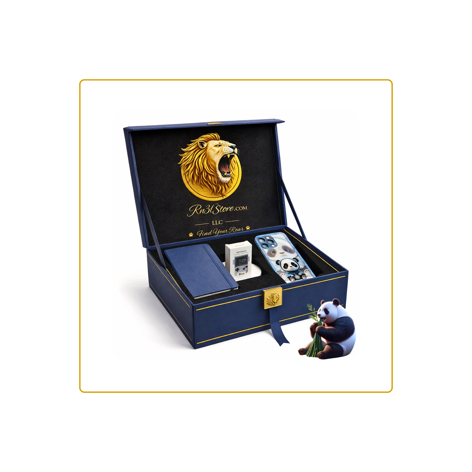 NursePro Elite™ – Smart Bundle (Panda iPhone 13 Pro Case, Blue Leather Strap Notebook, and Blue Apple Watch Charging Station)