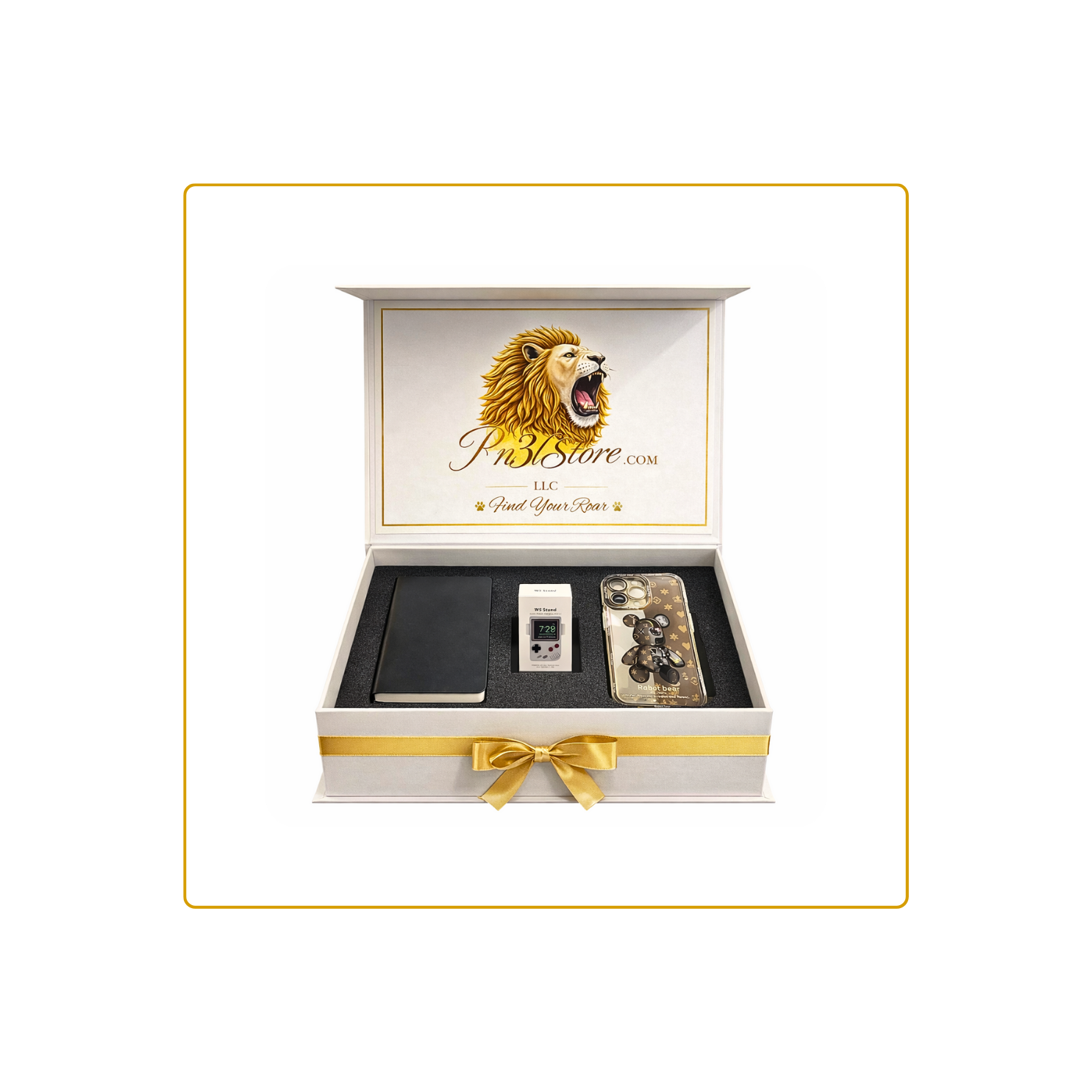 NursePro Elite™ – Smart Bundle  (Brown Tech Bear iPhone 13 Pro Case, Black Leather Strap Notebook, and White Apple Watch Charging Station)