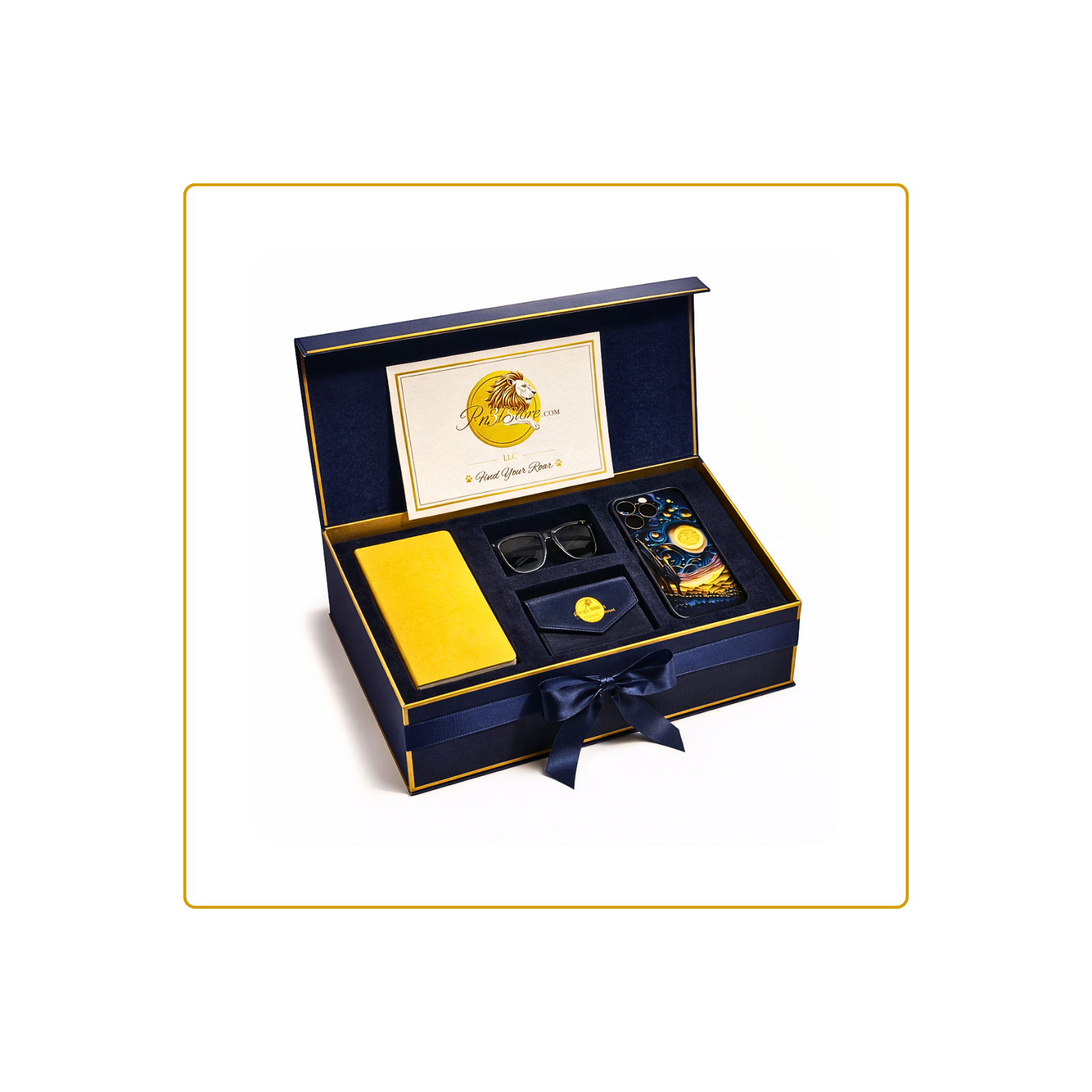 NursePro Elite™ – Smart Bundle (Wireless Headset Smart Sunglasses, Yellow Leather Strap Notebook, and Whimsical iPhone 13 Pro Case)