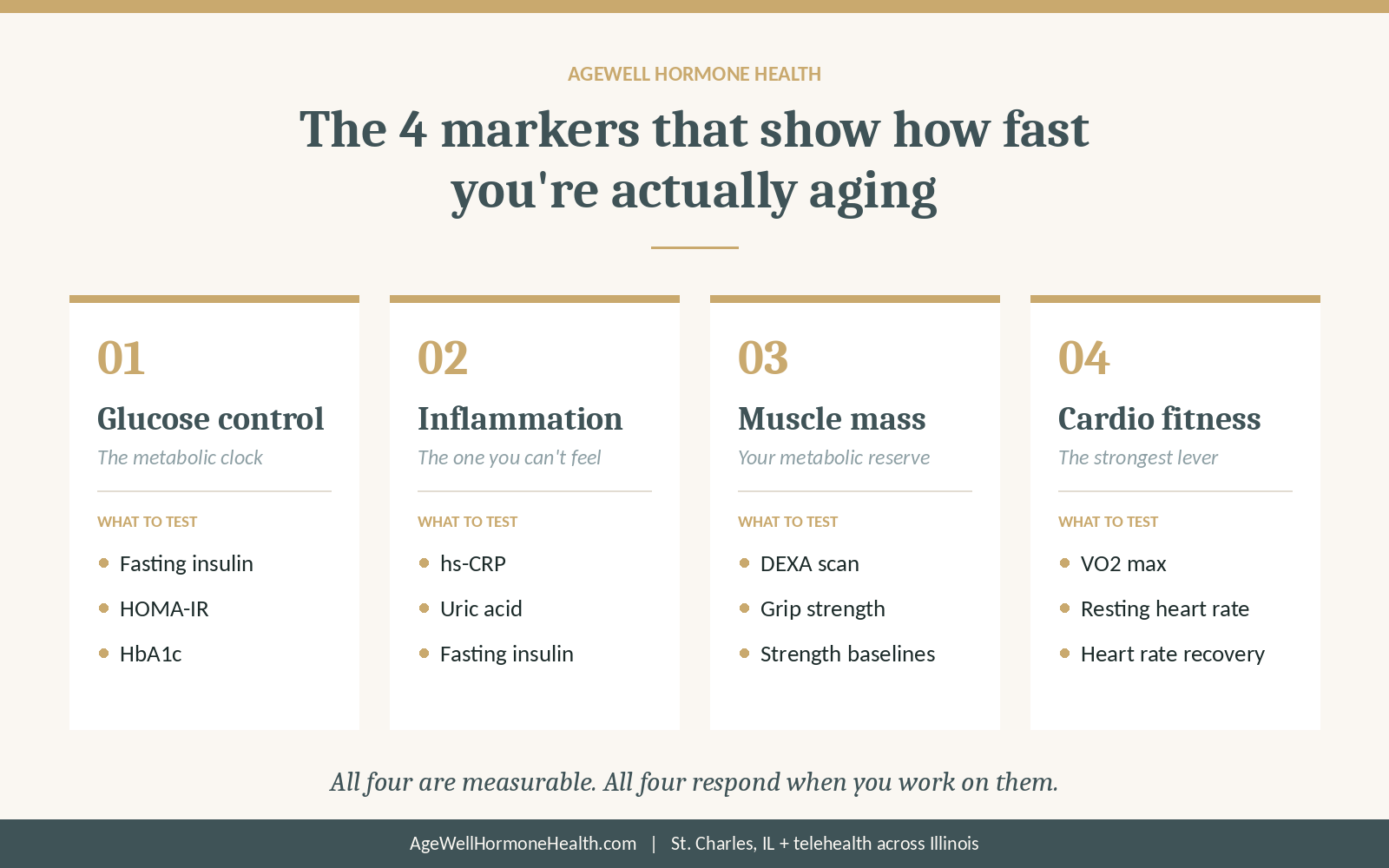 Four markers of biological age: glucose control, inflammation, muscle mass and cardiovascular fitness, with the lab tests for each.