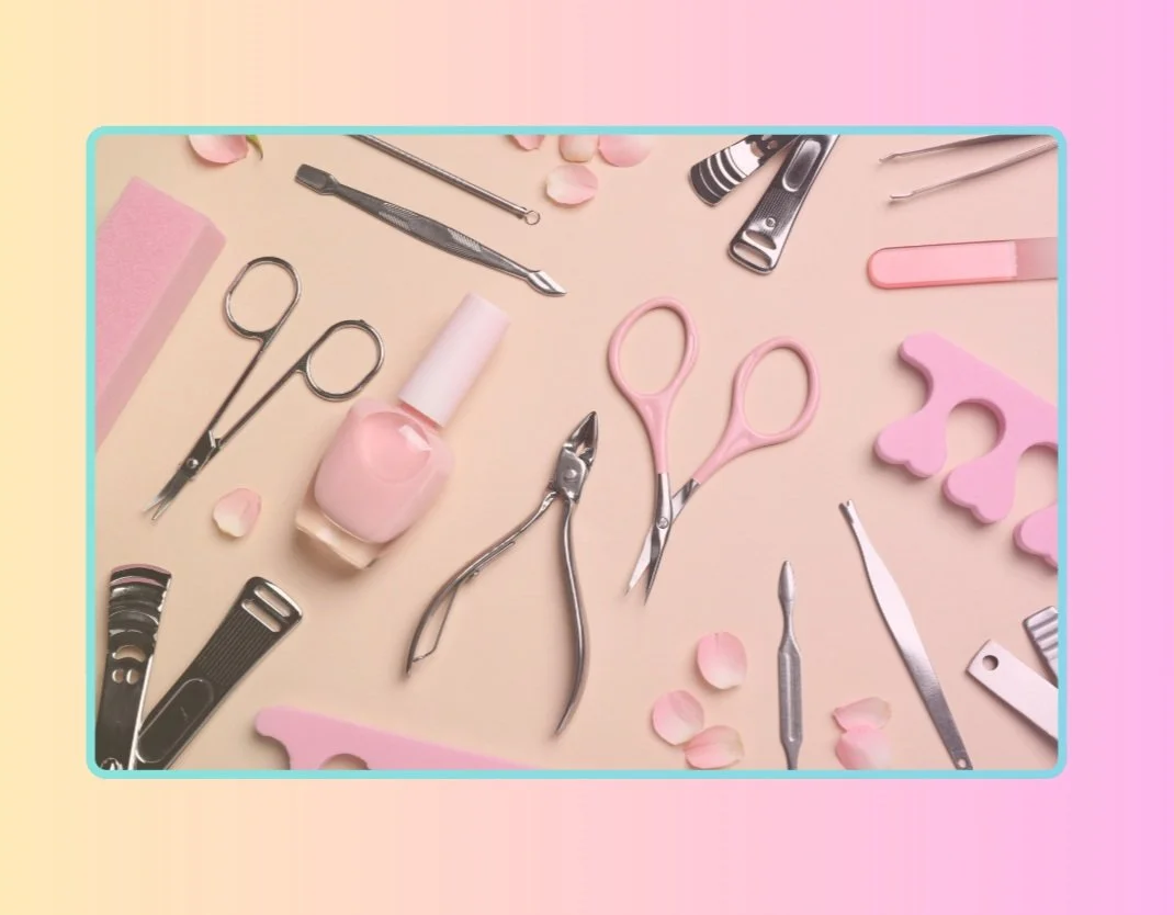 Nail salon tools and supplies including scissors, nail file, cuticle nippers, tweezers, nail polish bottle, and artificial nail tips on a pastel background.
